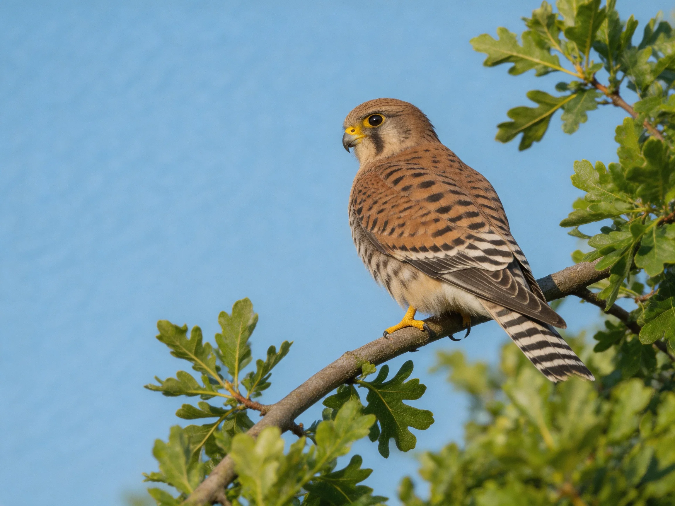 A brown-spotted kestrel perches on a leafy branch