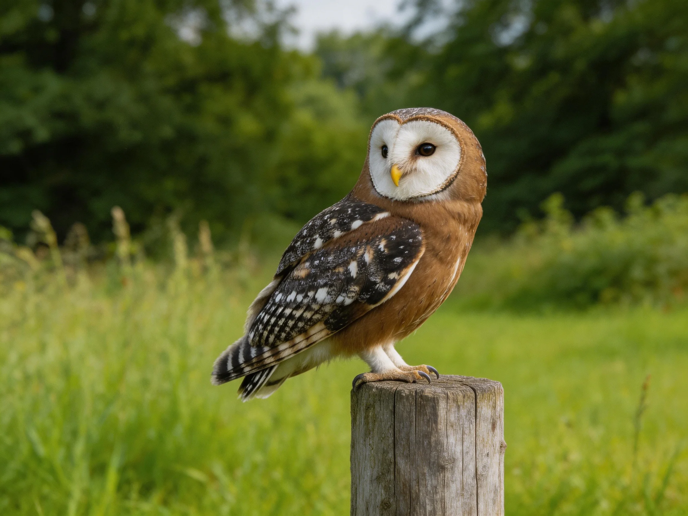 A brown-spotted owl perched on a weathered wooden post