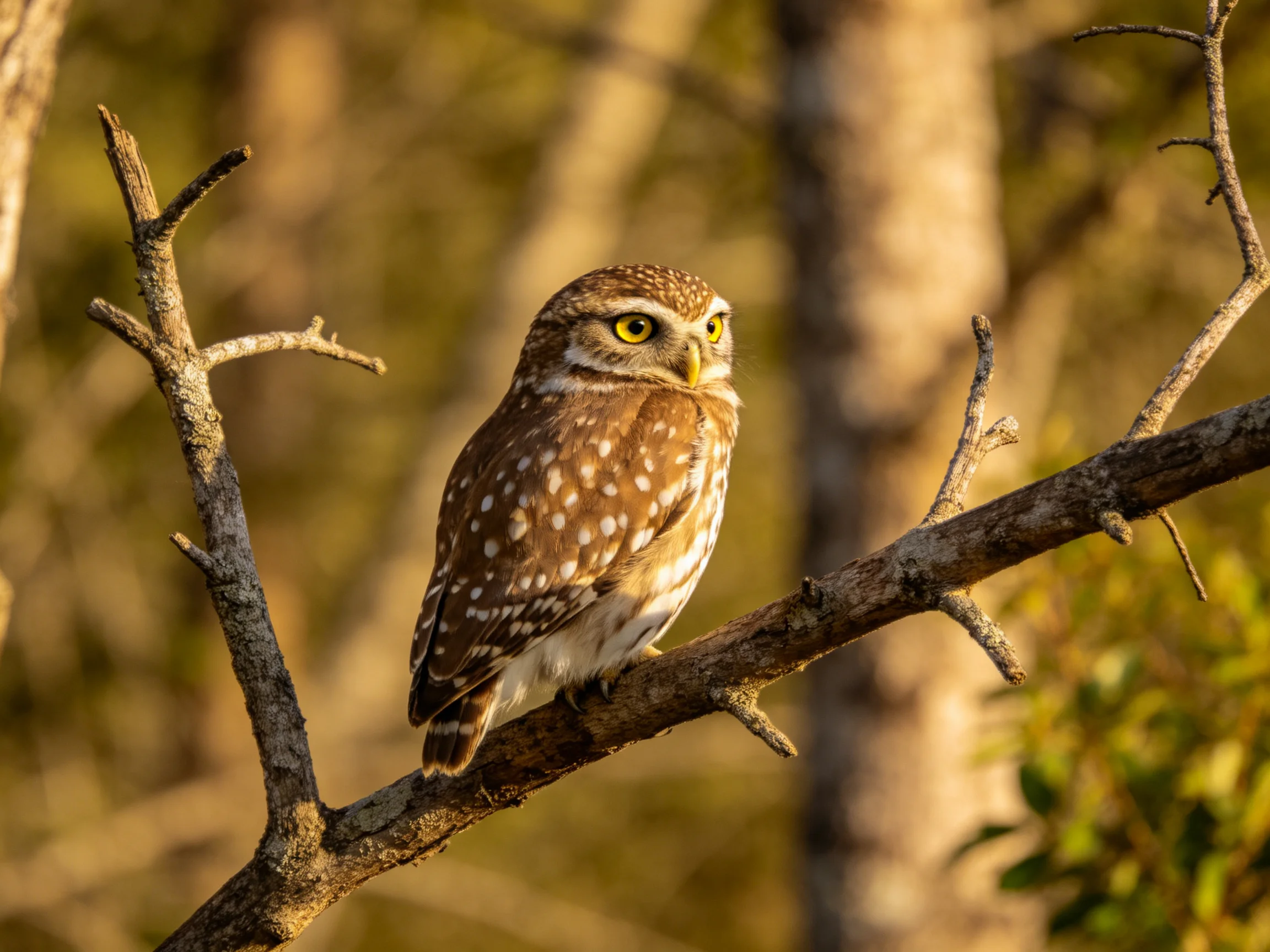 A brown-spotted owl perches on a bare tree branch in golden light