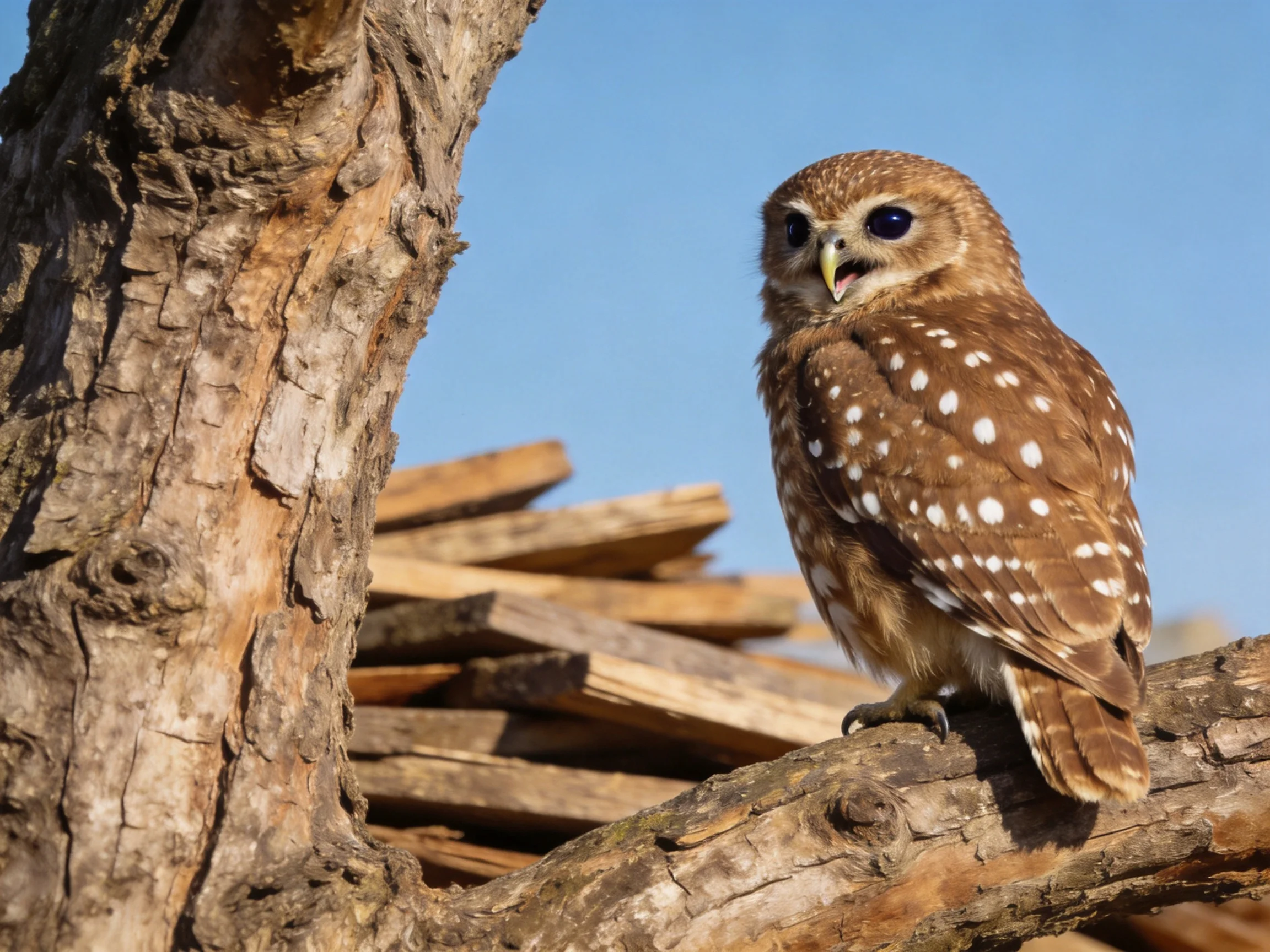 A brown-spotted owl perches on a gnarled tree branch near stacked wood