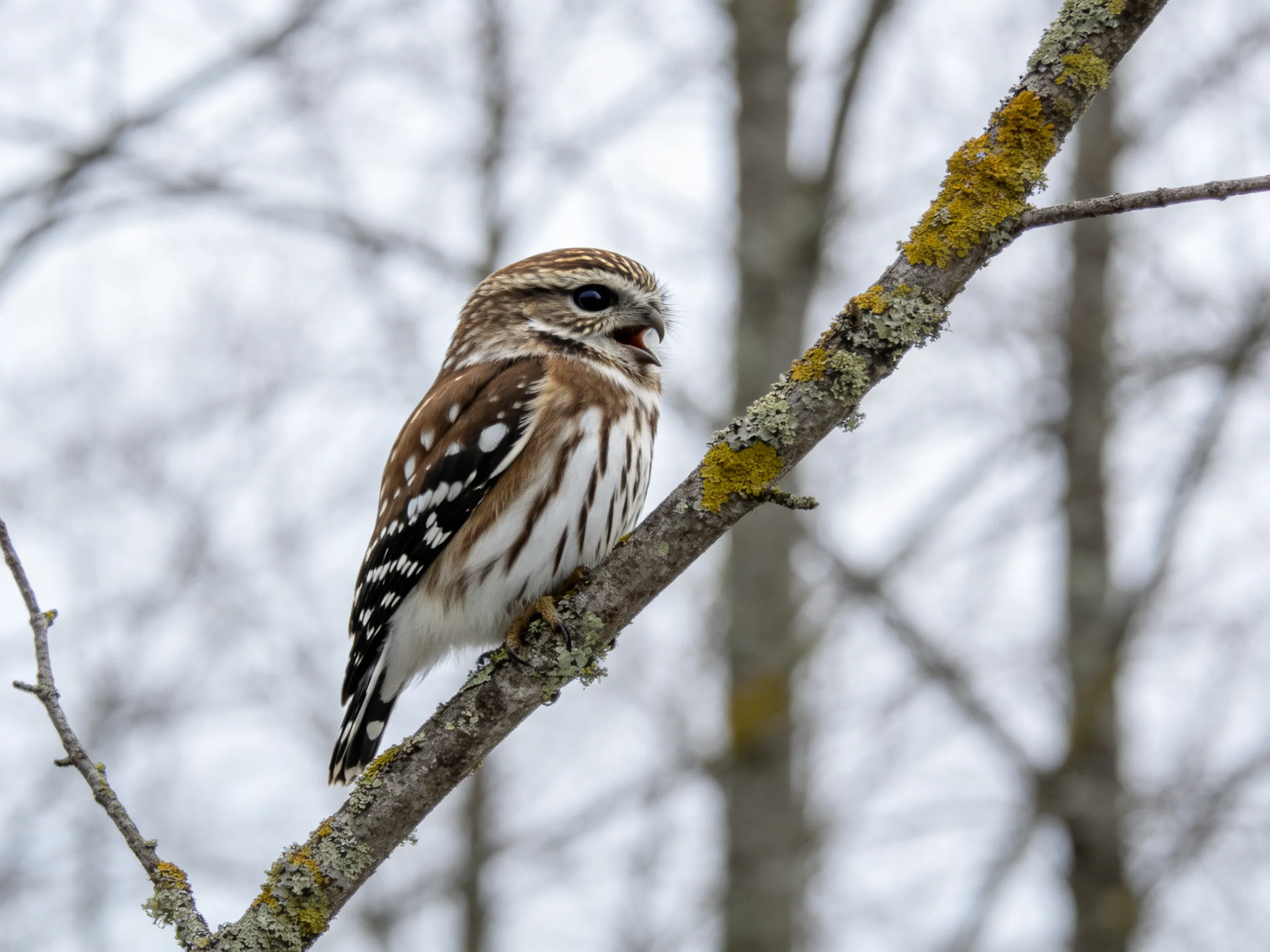 A brown-spotted owl perches on a lichen-covered tree branch