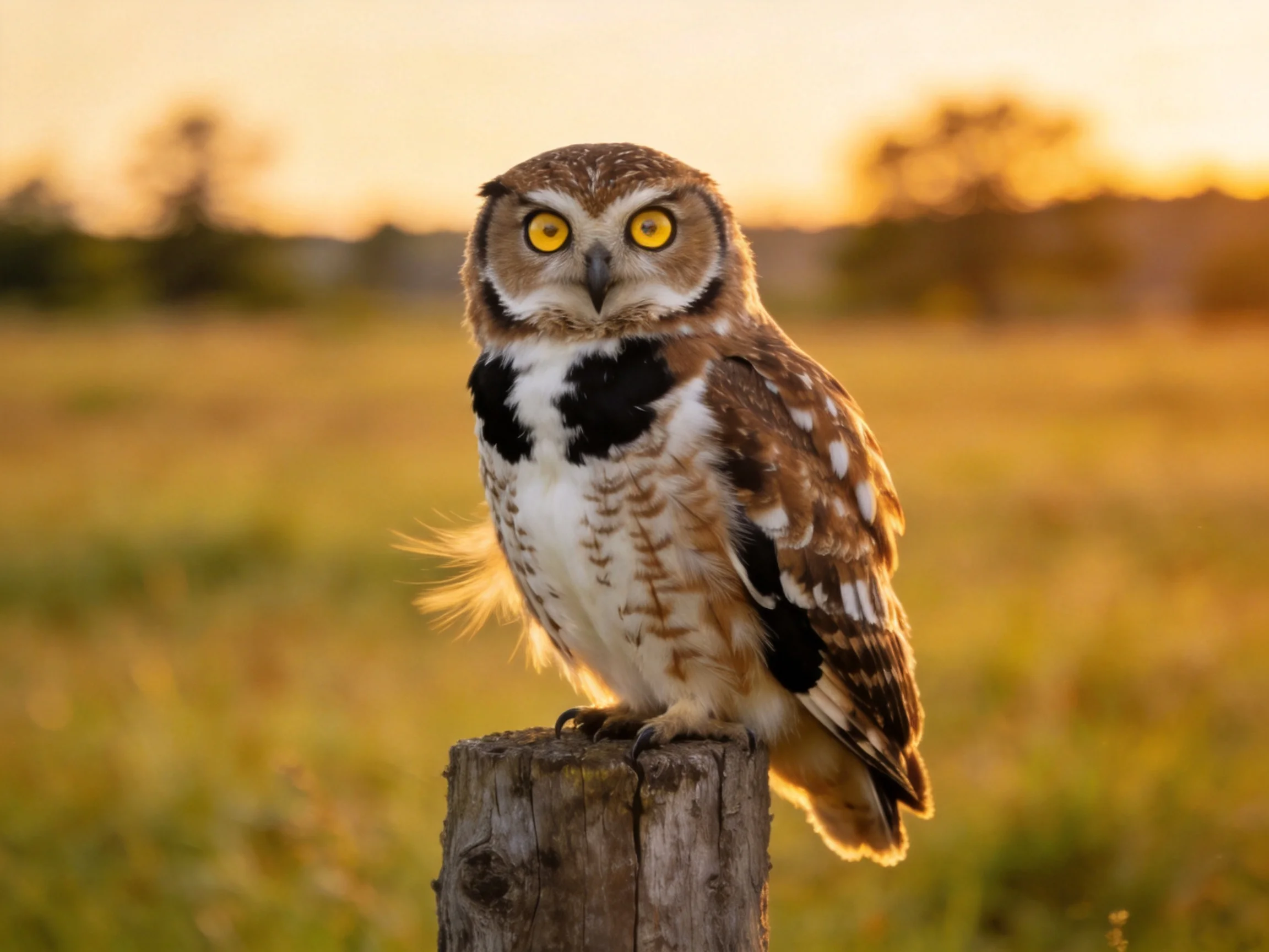 A brown-spotted owl perches on a weathered wooden post during golden hour