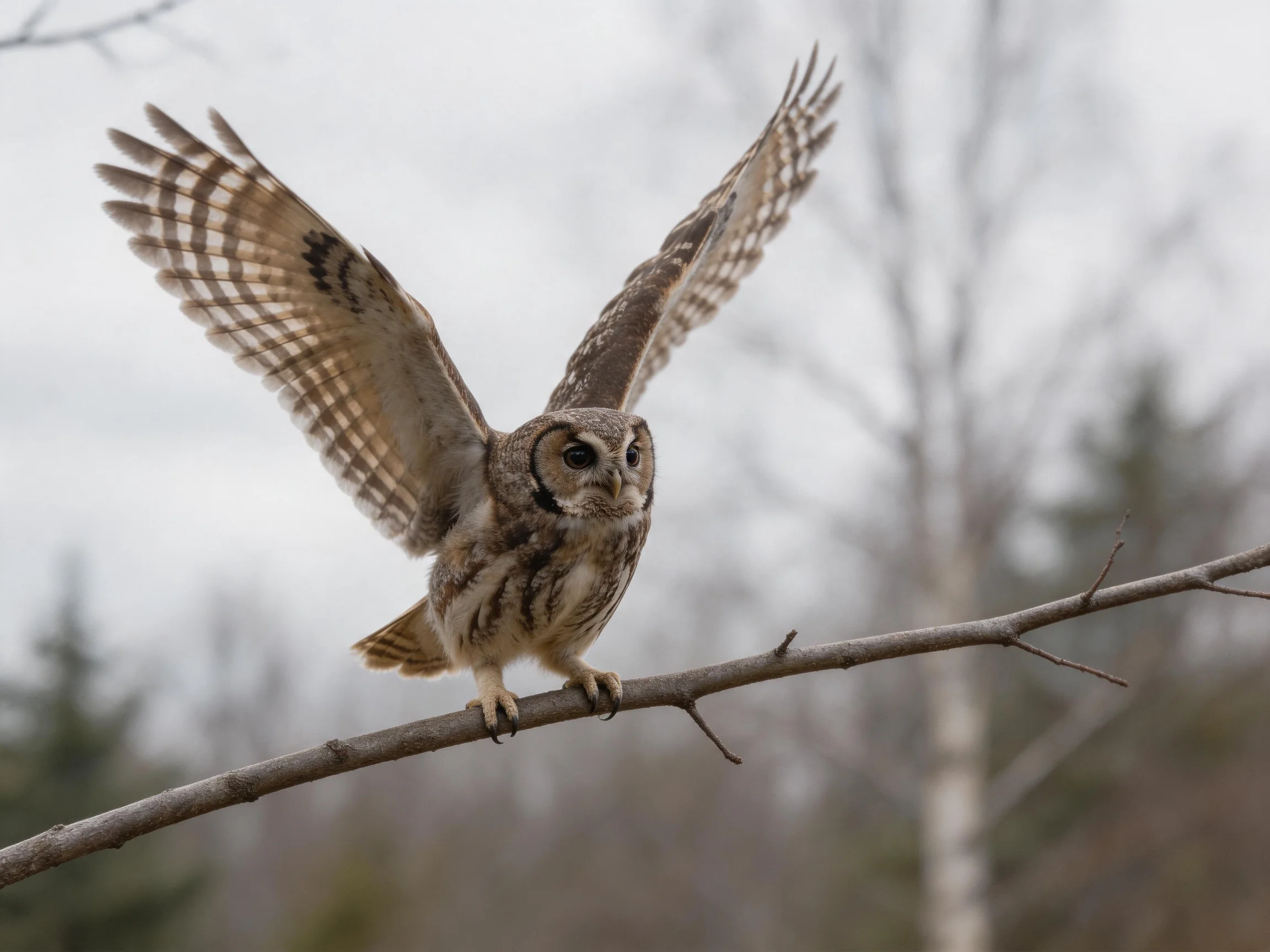 A brown-spotted owl spreads wings on a bare tree branch