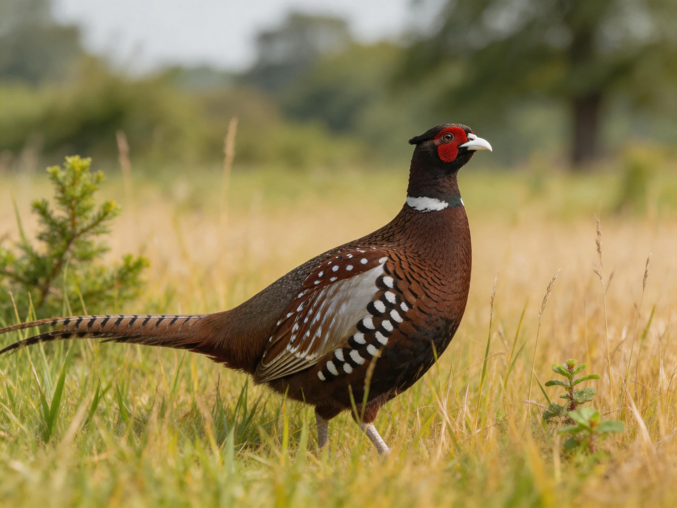 A brown-spotted pheasant in a grassy meadow