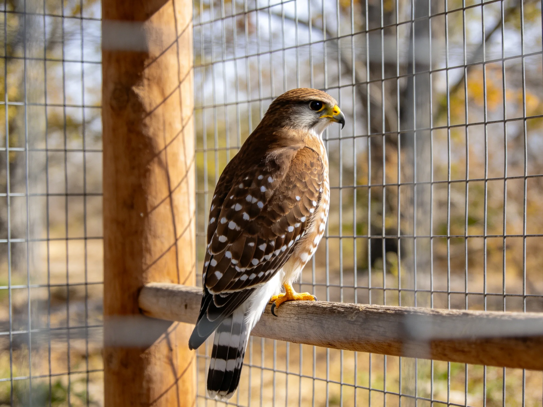 A brown-spotted raptor perched on a wooden beam in a wire enclosure