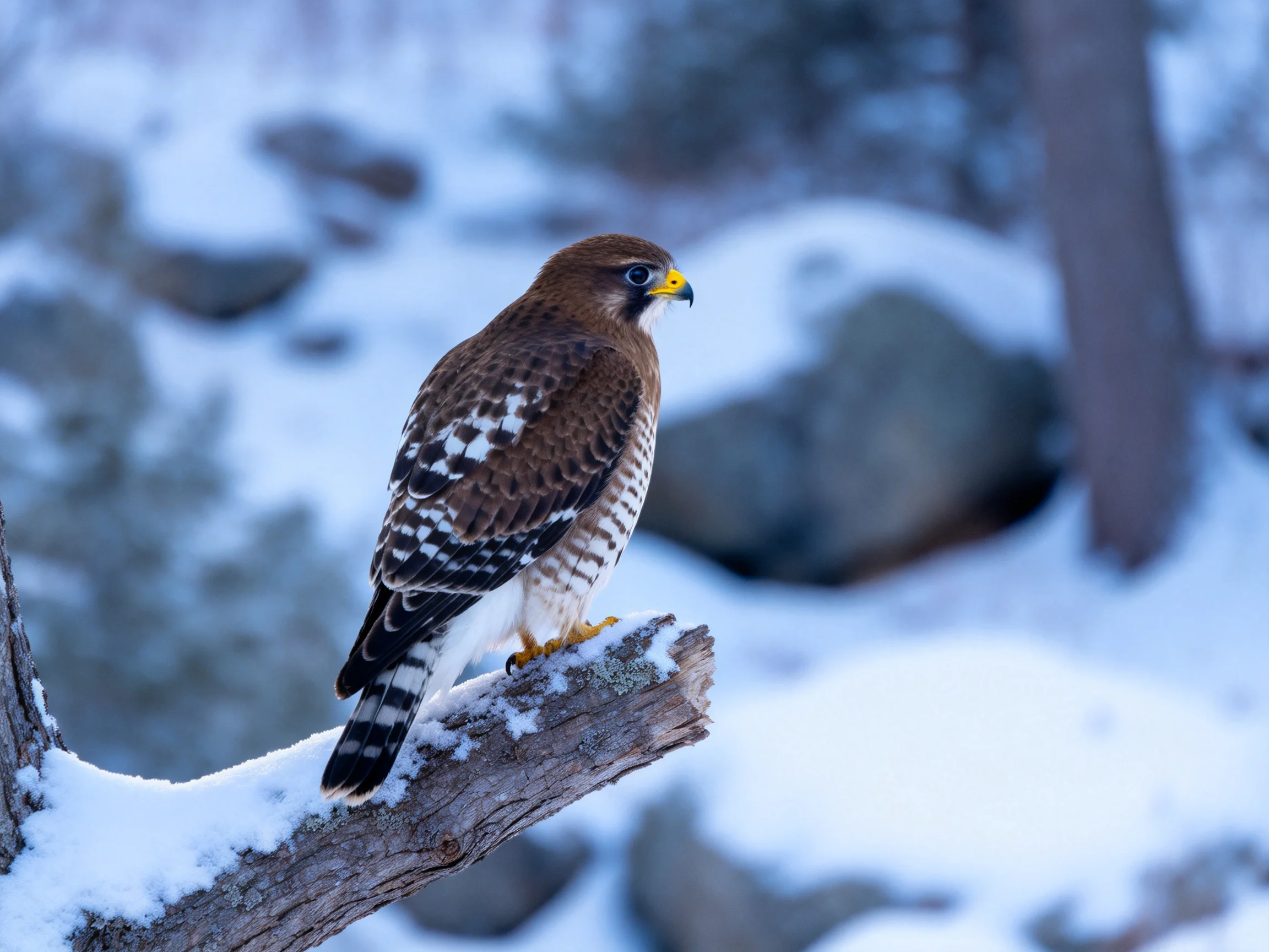 A brown-spotted raptor perches on a snow-dusted branch