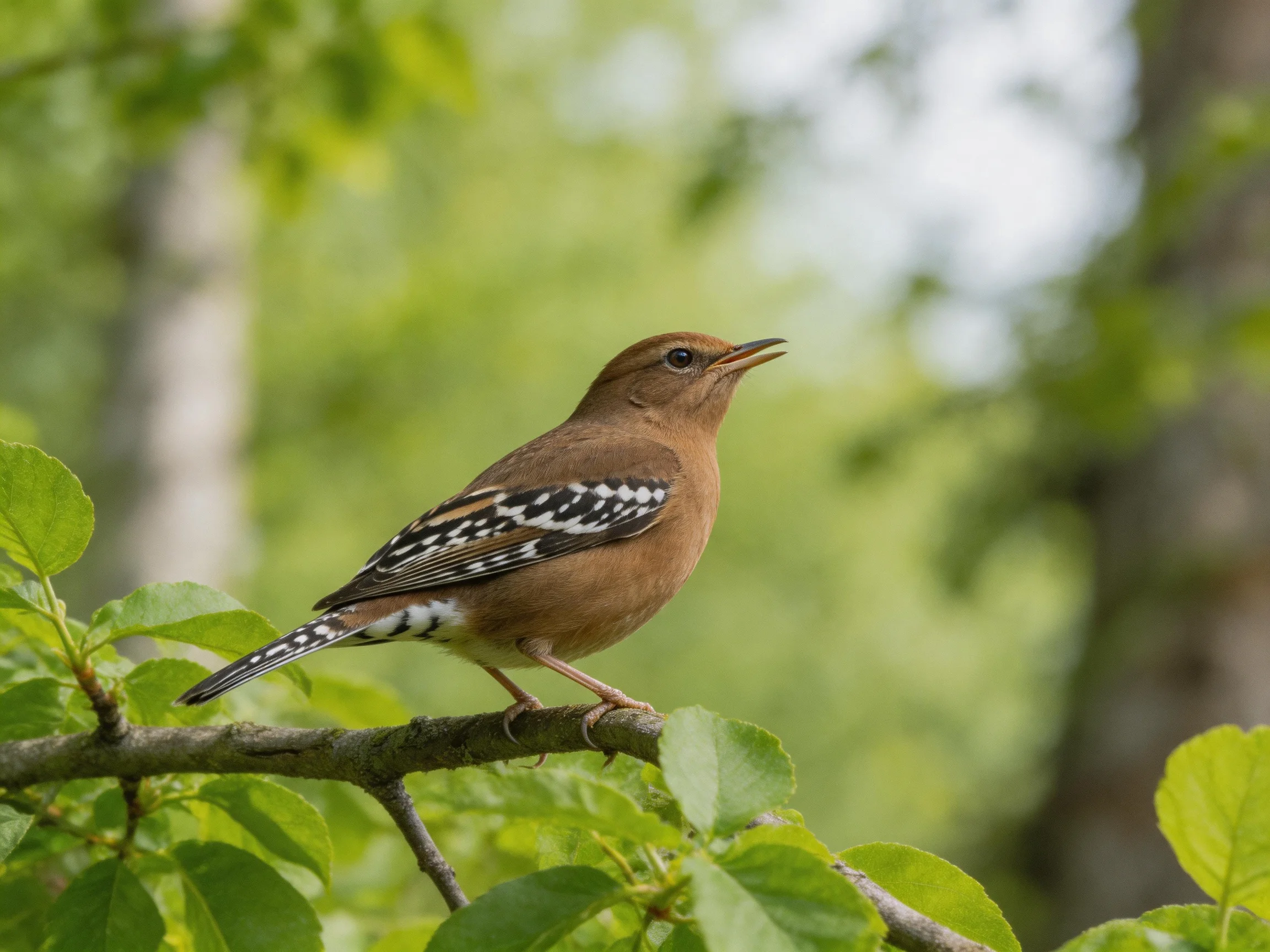 A brown-spotted songbird perched on a leafy forest branch