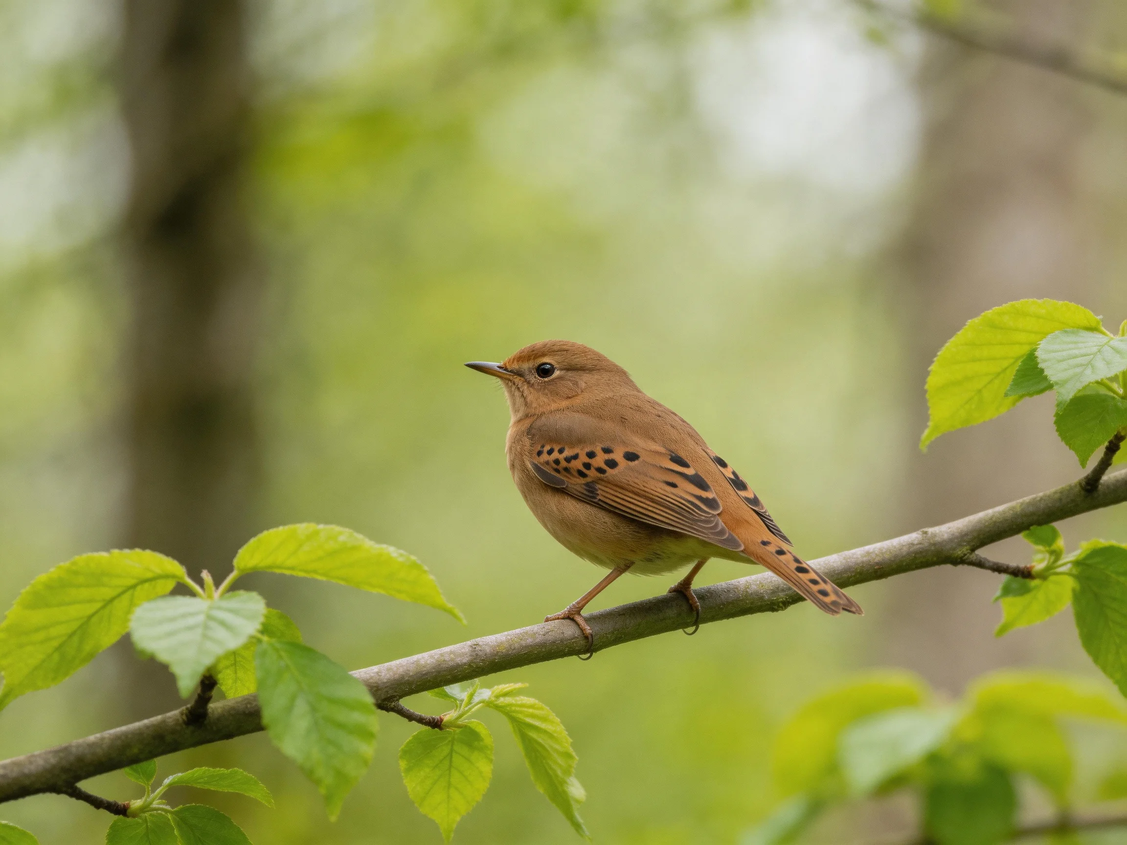 A brown-spotted songbird perches on a leafy branch