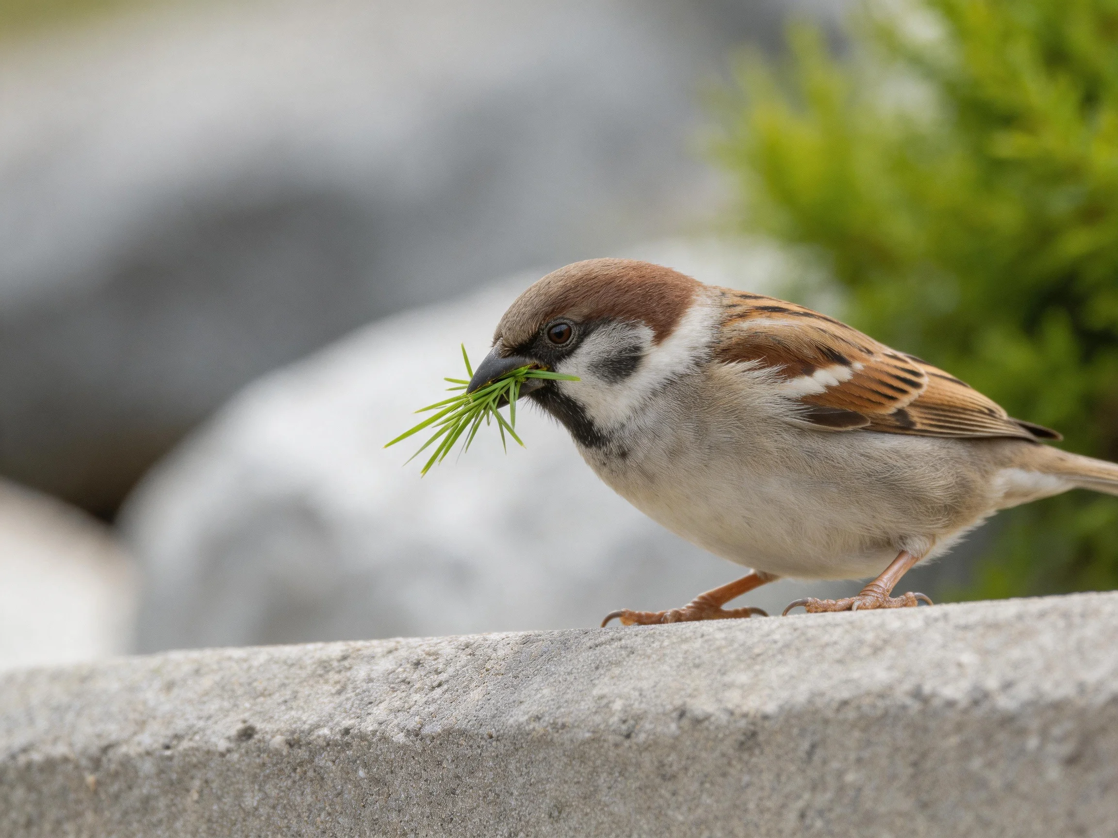 A brown-spotted sparrow carries greenery on a gray ledge