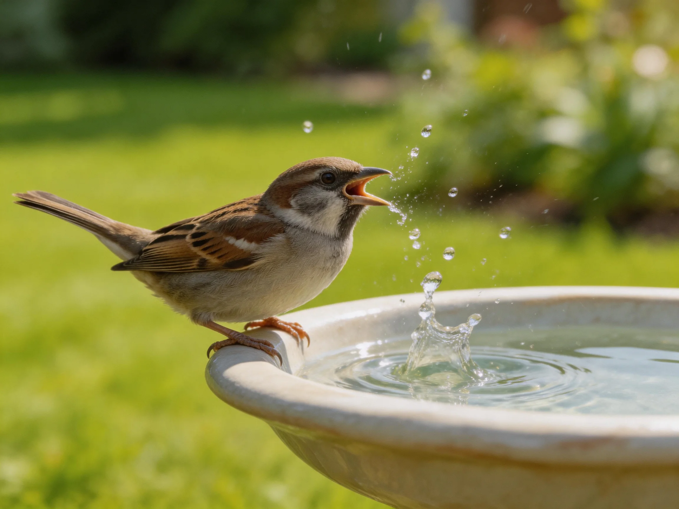 A brown-spotted sparrow drinks from a white birdbath with water splash