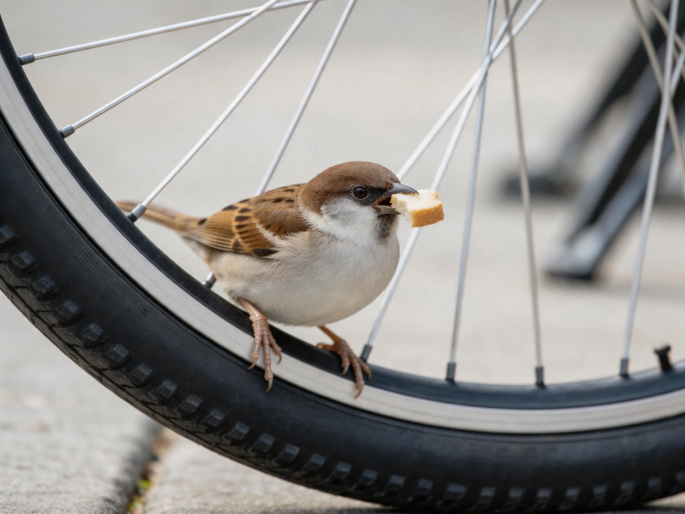 A brown-spotted sparrow holds bread on a black bicycle wheel