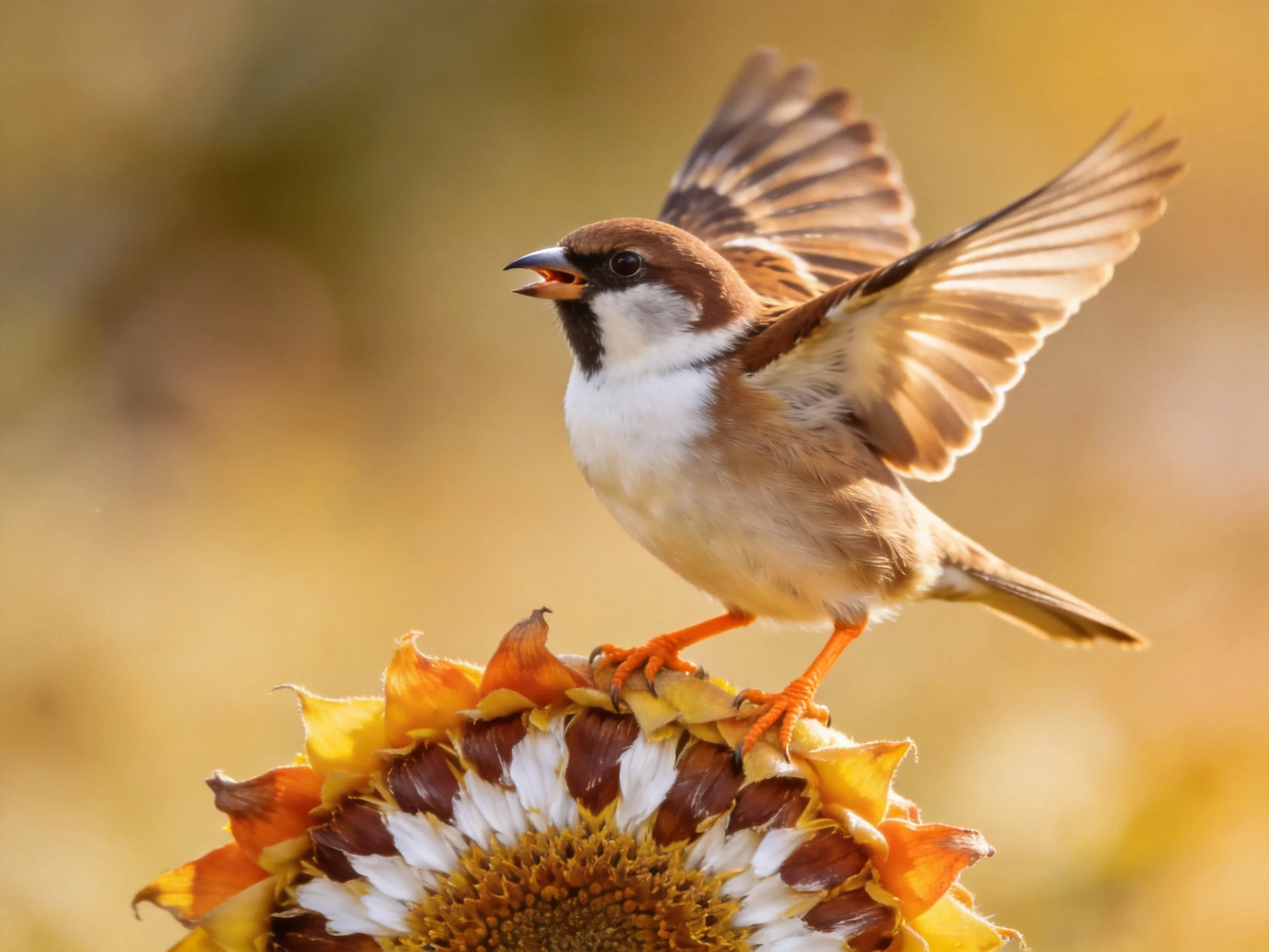 A brown-spotted sparrow lands on a faded sunflower bloom