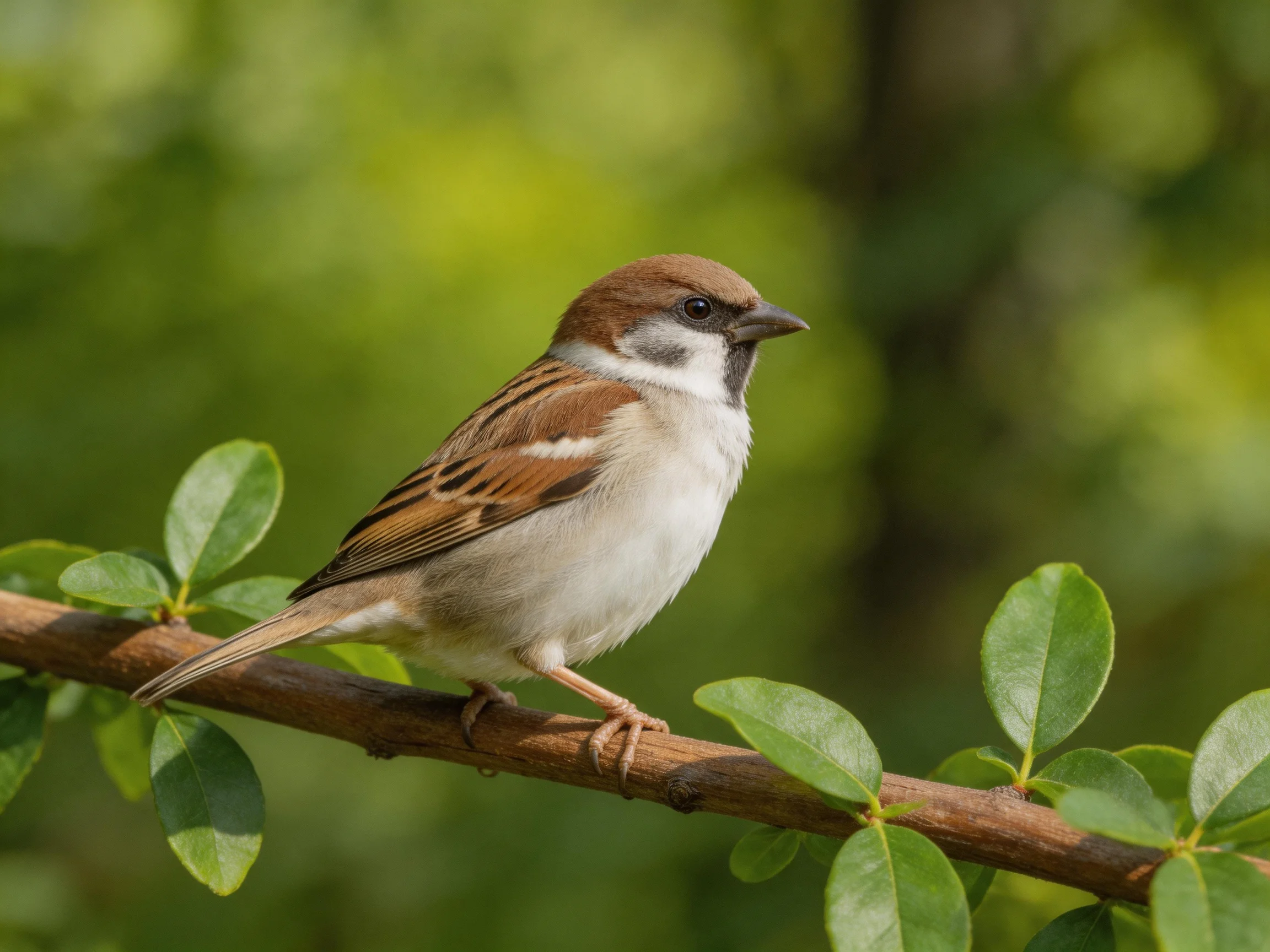 A brown-spotted sparrow perched on a leafy branch