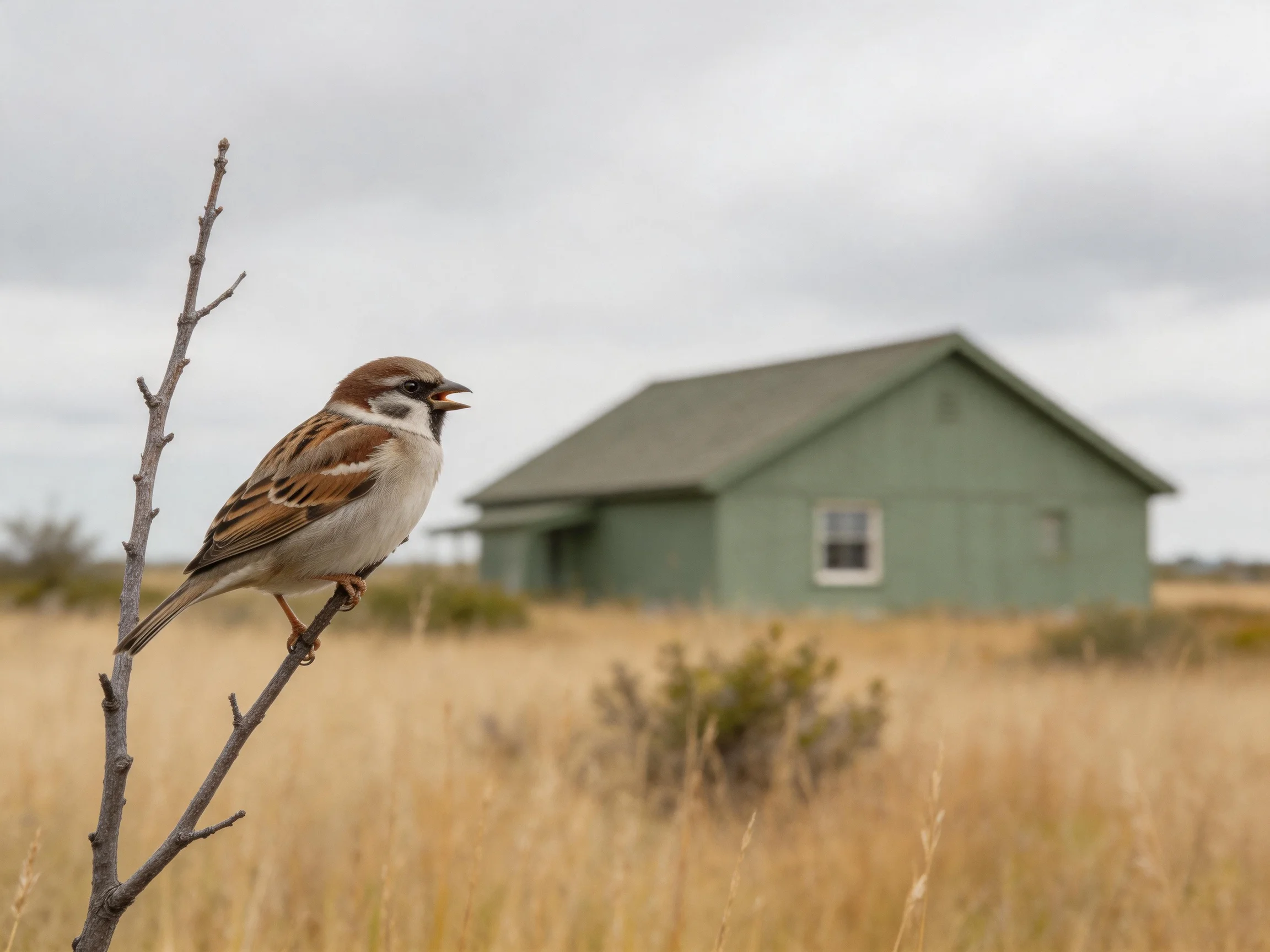 A brown-spotted sparrow perches on a bare branch near a green house