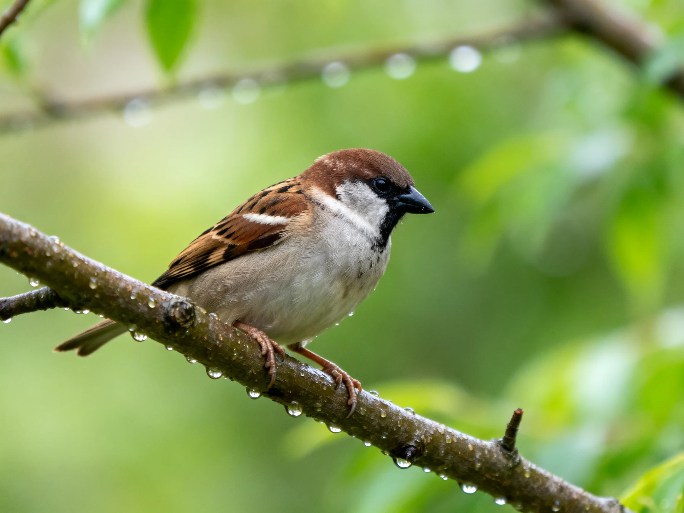 A brown-spotted sparrow perches on a dewy tree branch
