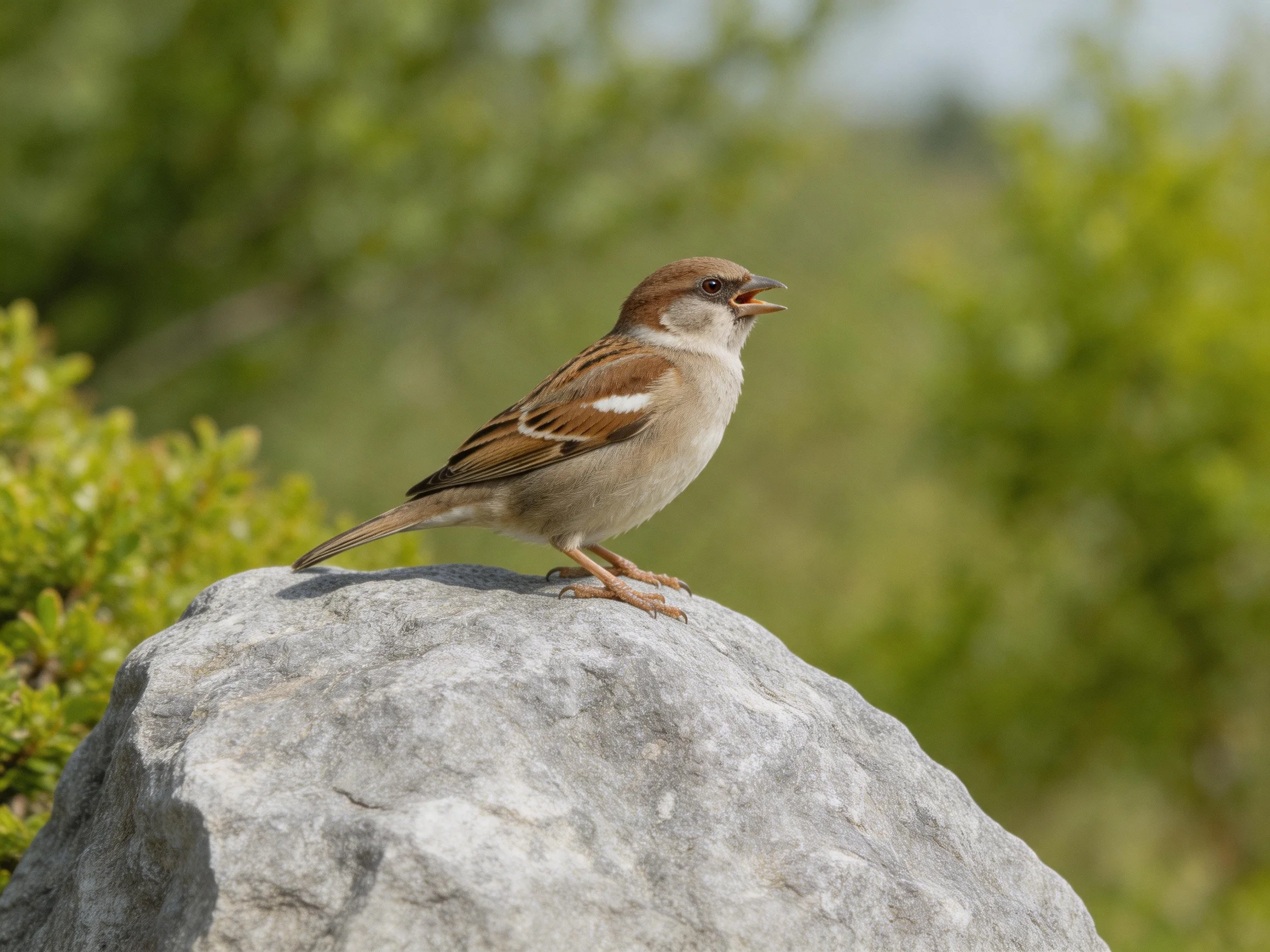 A brown-spotted sparrow perches on a gray rock amid green foliage