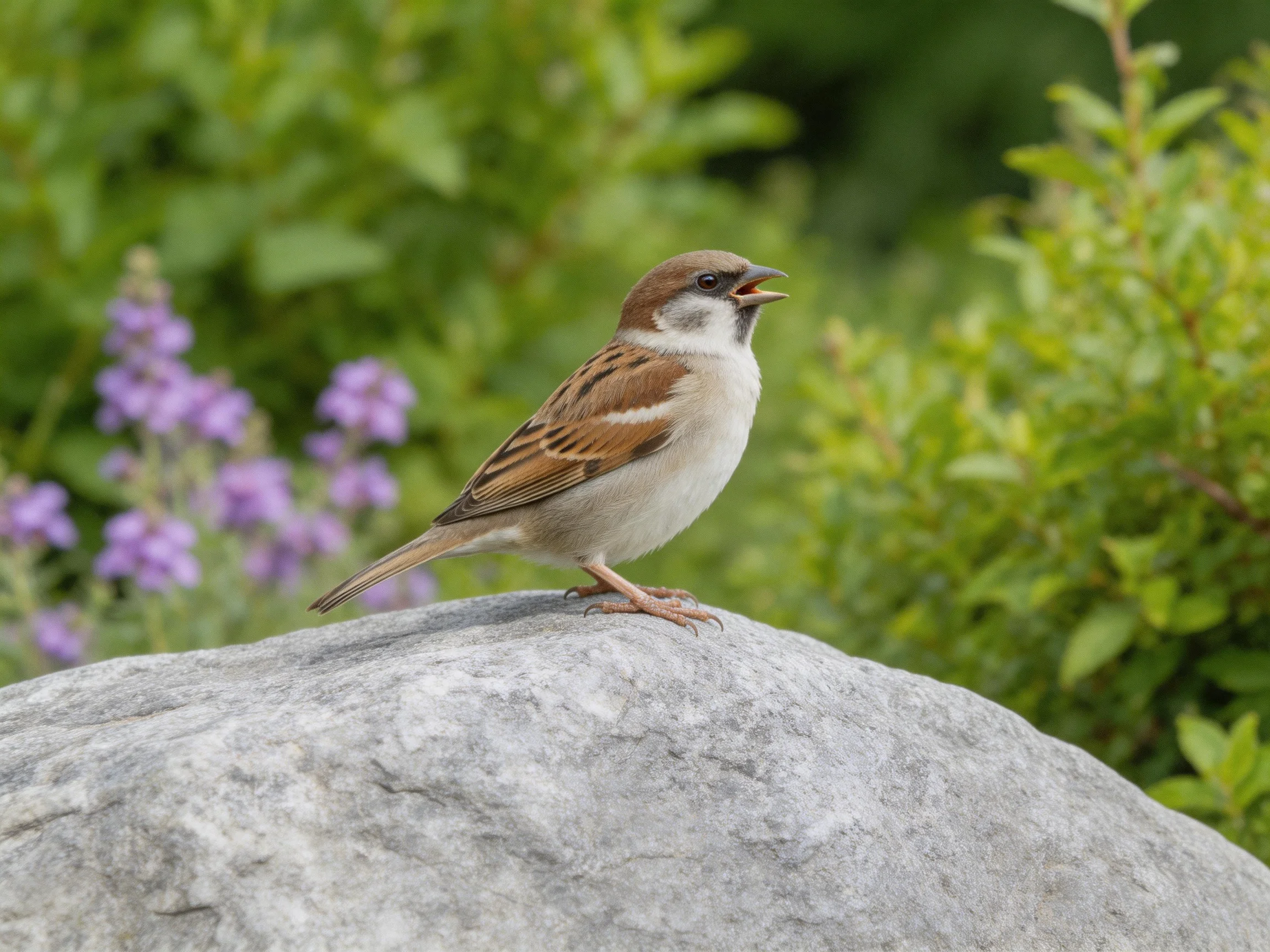 A brown-spotted sparrow perches on a gray rock amid greenery and purple flowers.
