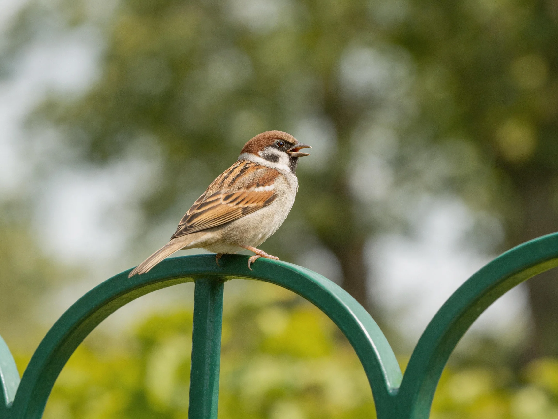 A brown-spotted sparrow perches on a green metal fence near lush trees