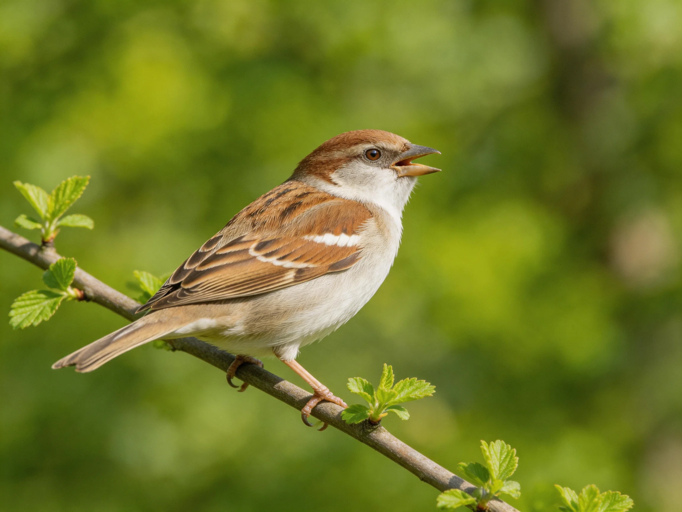A brown-spotted sparrow perches on a leafy branch