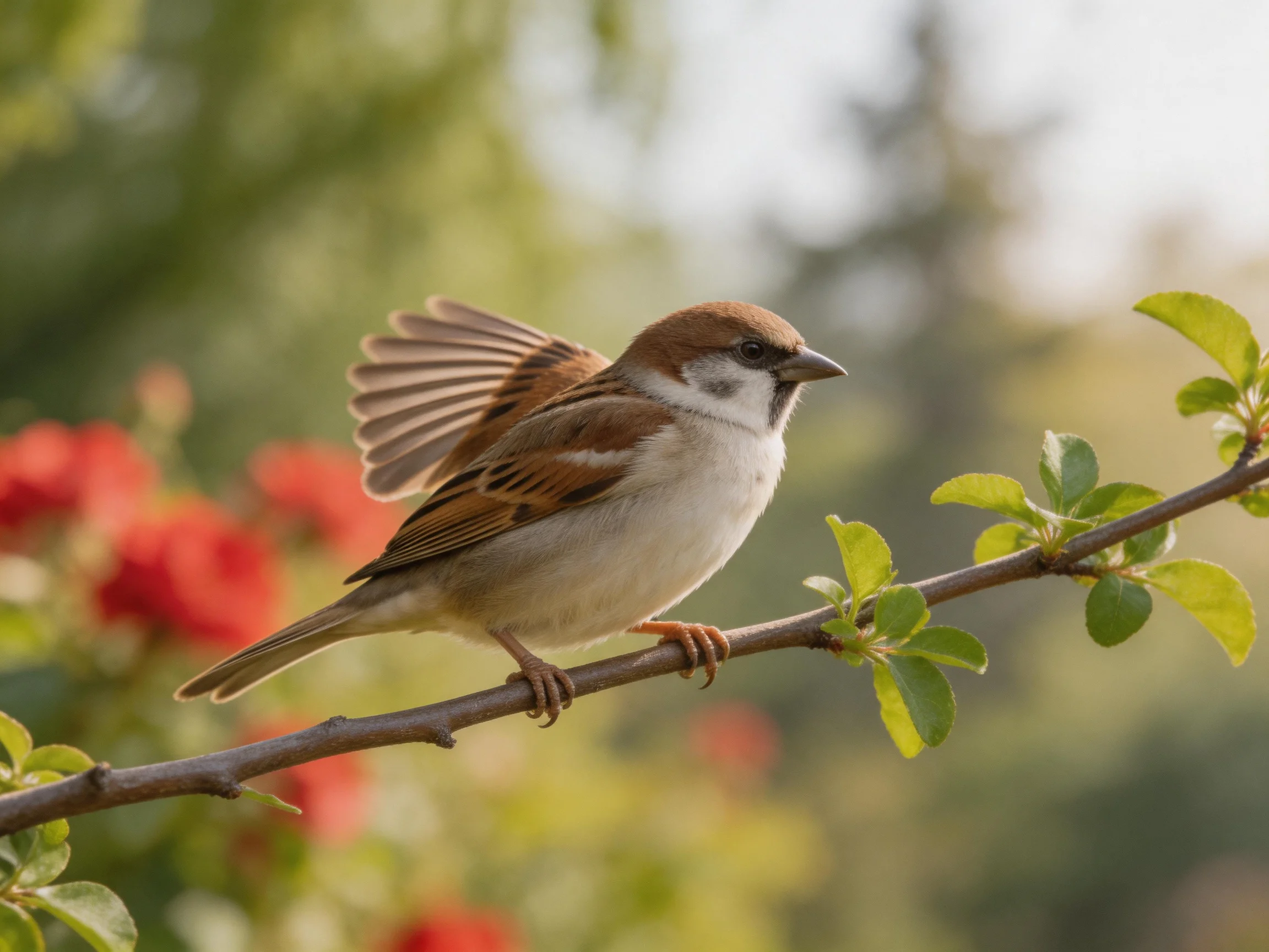 A brown-spotted sparrow perches on a leafy branch near red flowers