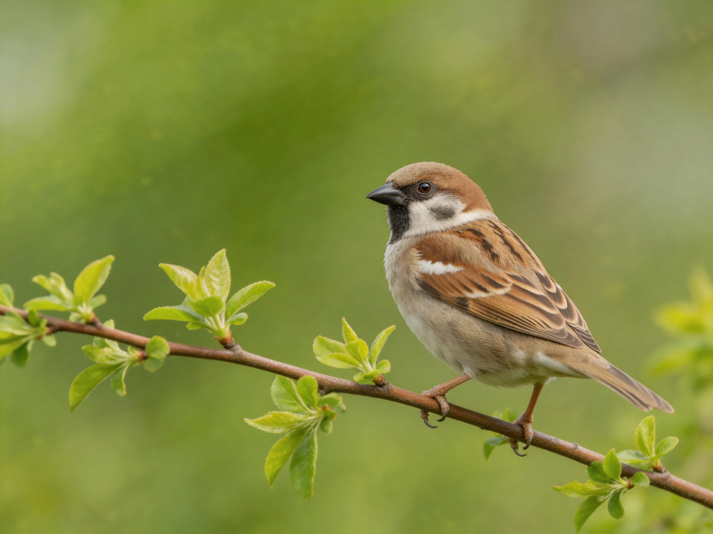 A brown-spotted sparrow perches on a leafy branch