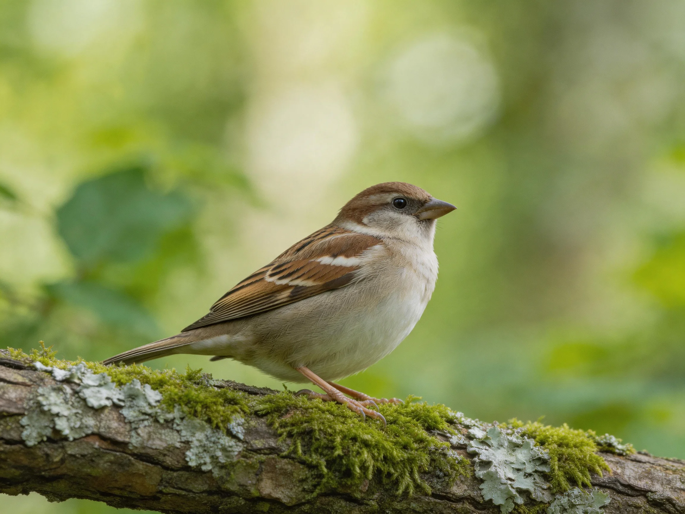 A brown-spotted sparrow perches on a mossy, lichen-covered branch