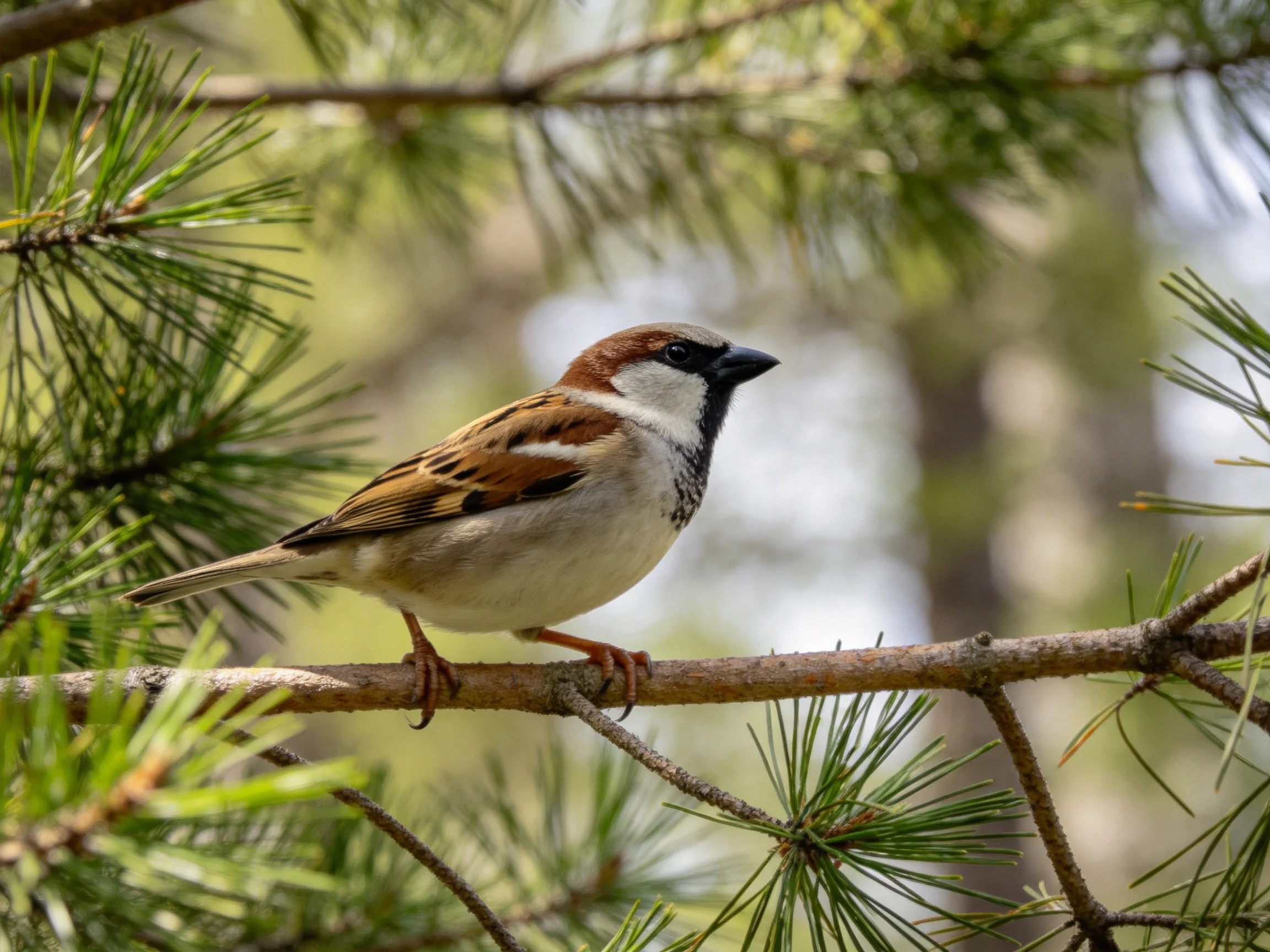 A brown-spotted sparrow perches on a pine tree branch