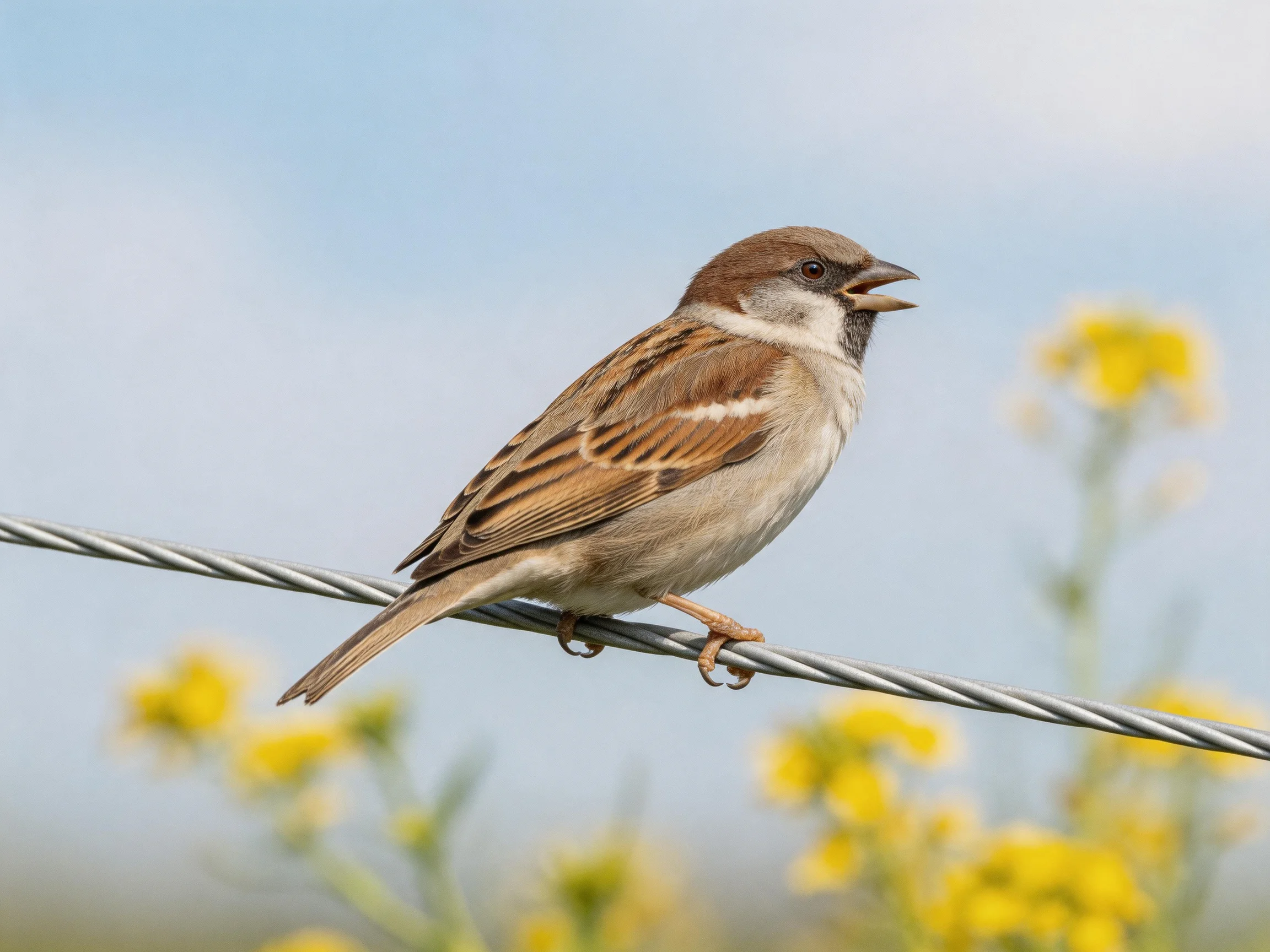 A brown-spotted sparrow perches on a silver wire near yellow blooms