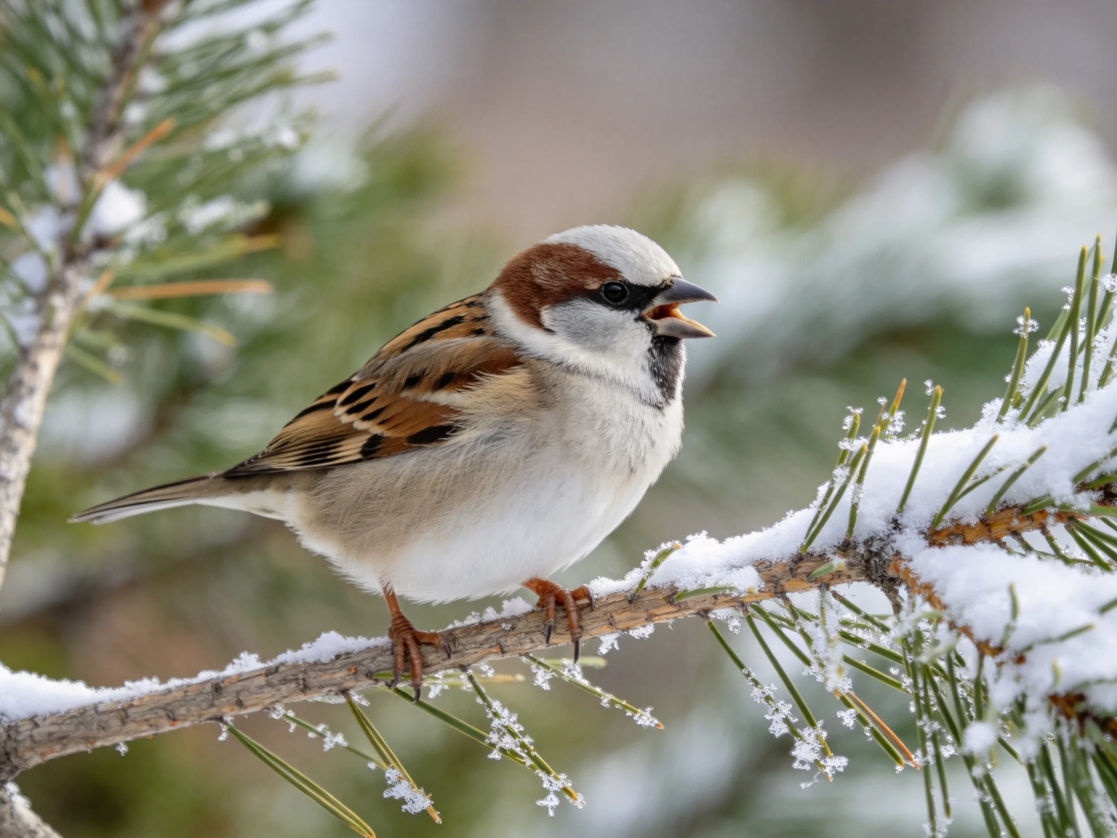 A brown-spotted sparrow perches on a snow-dusted pine branch