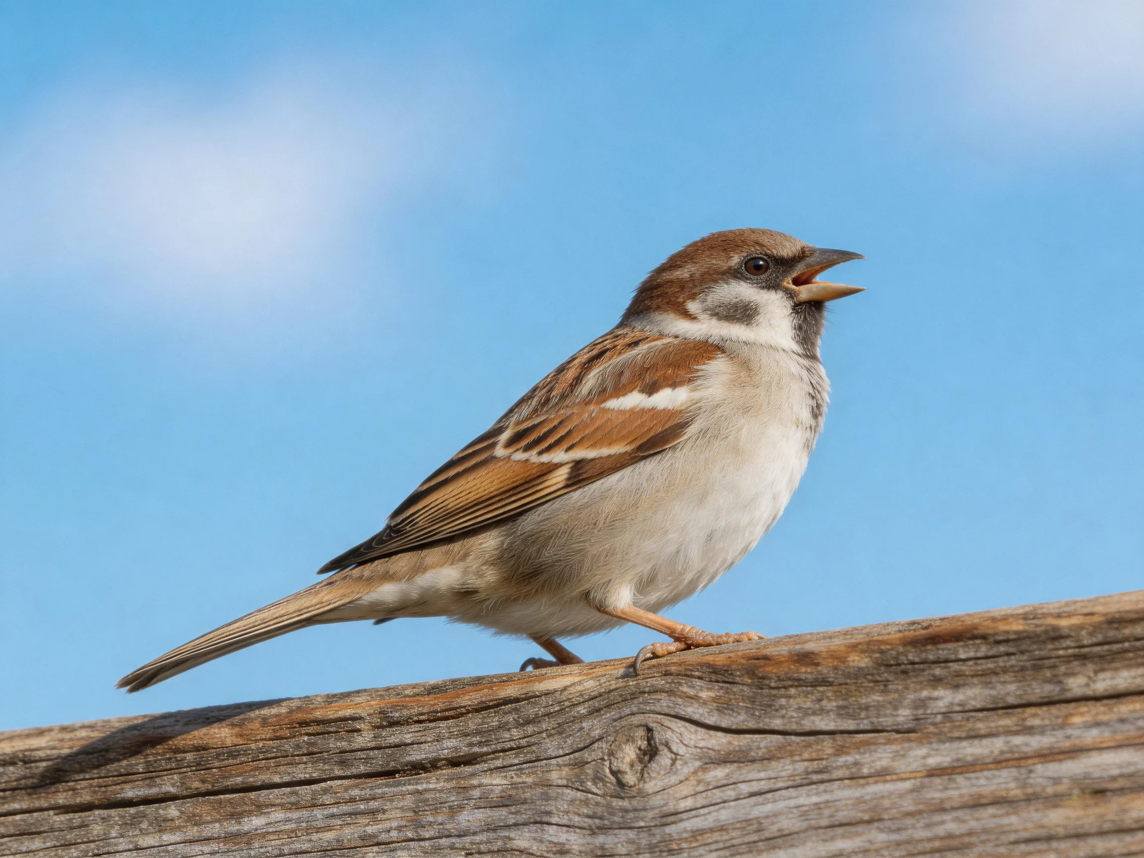 A brown-spotted sparrow perches on a weathered wooden beam
