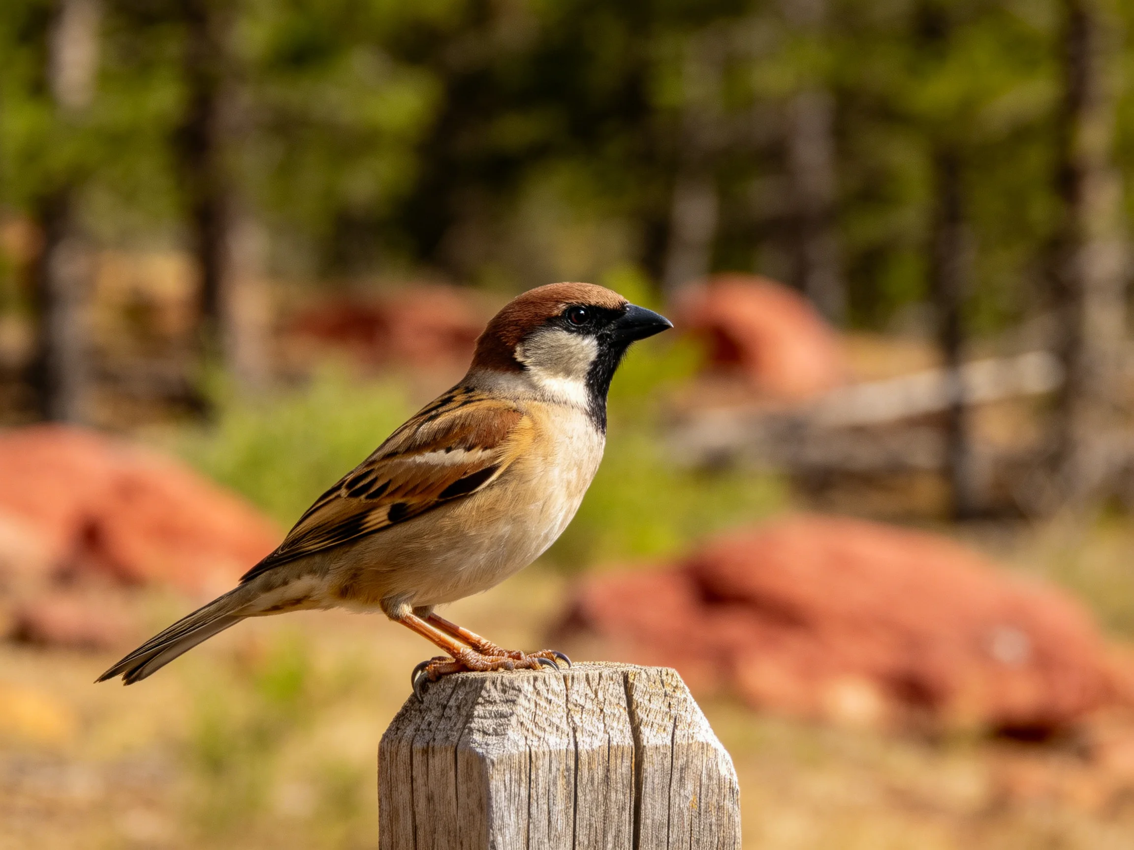 A brown-spotted sparrow perches on a weathered wooden post