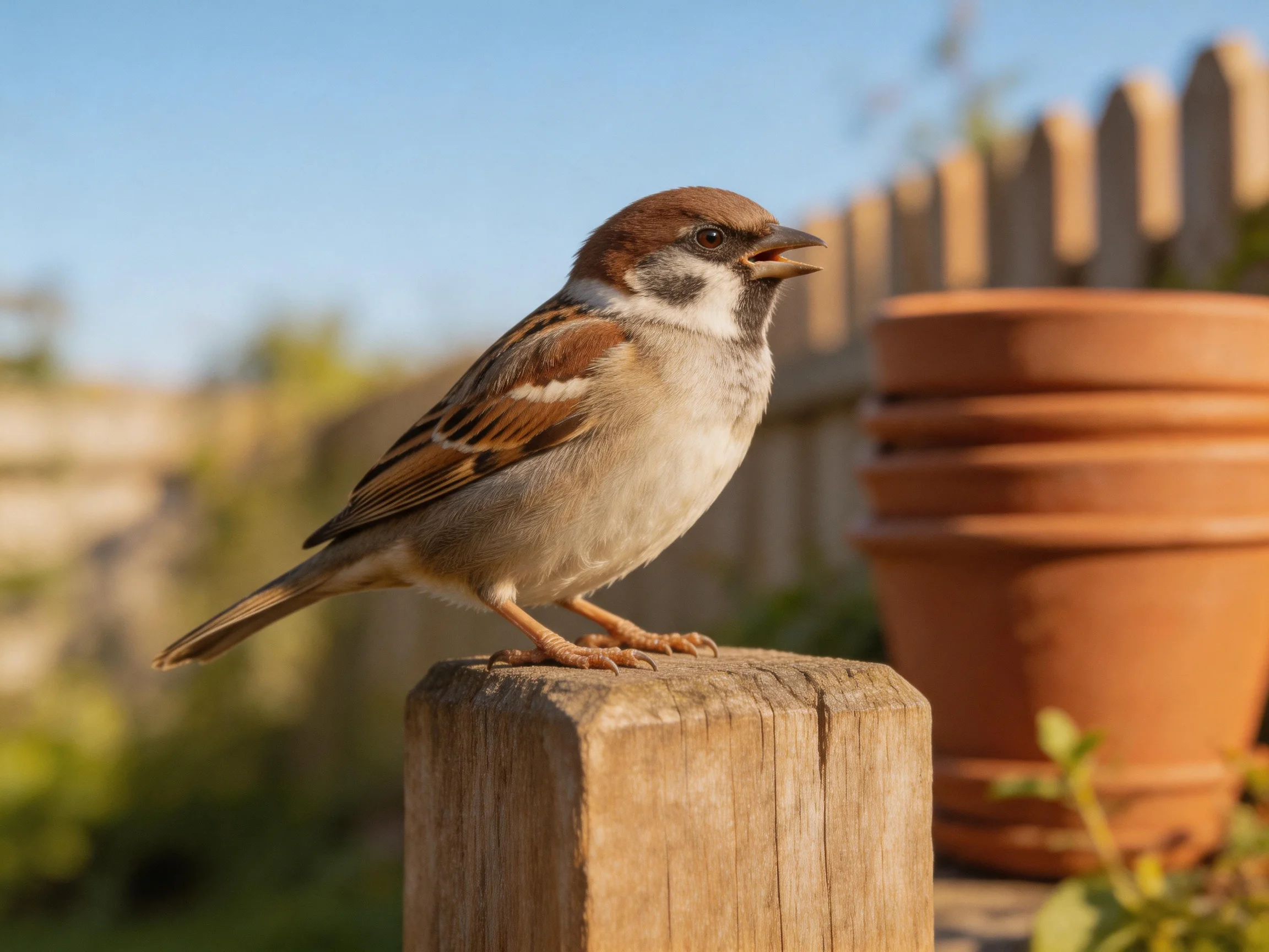 A brown-spotted sparrow perches on a weathered wooden post near stacked terracotta pots