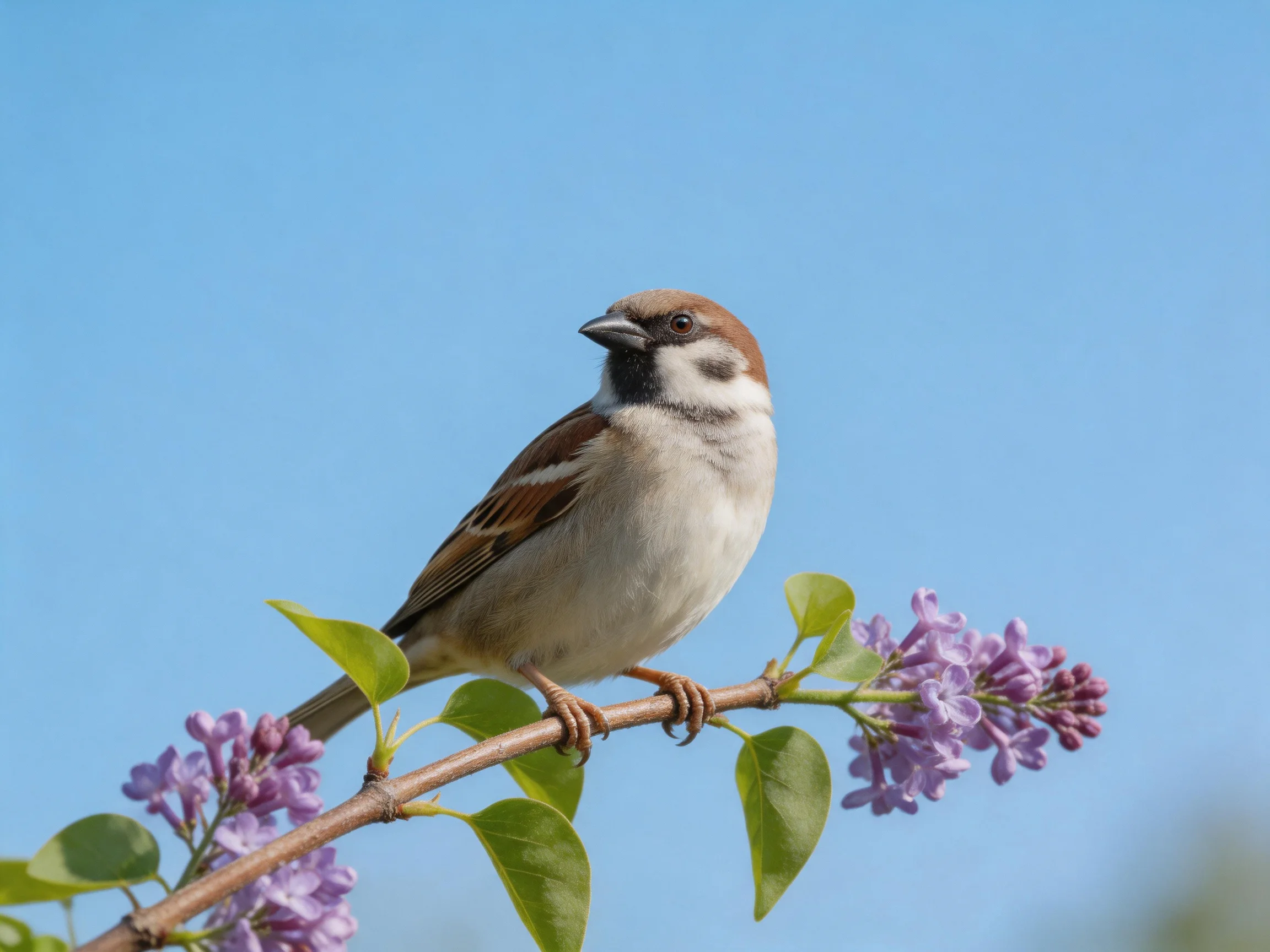 A brown-spotted sparrow perches on purple lilac blooms under clear blue sky