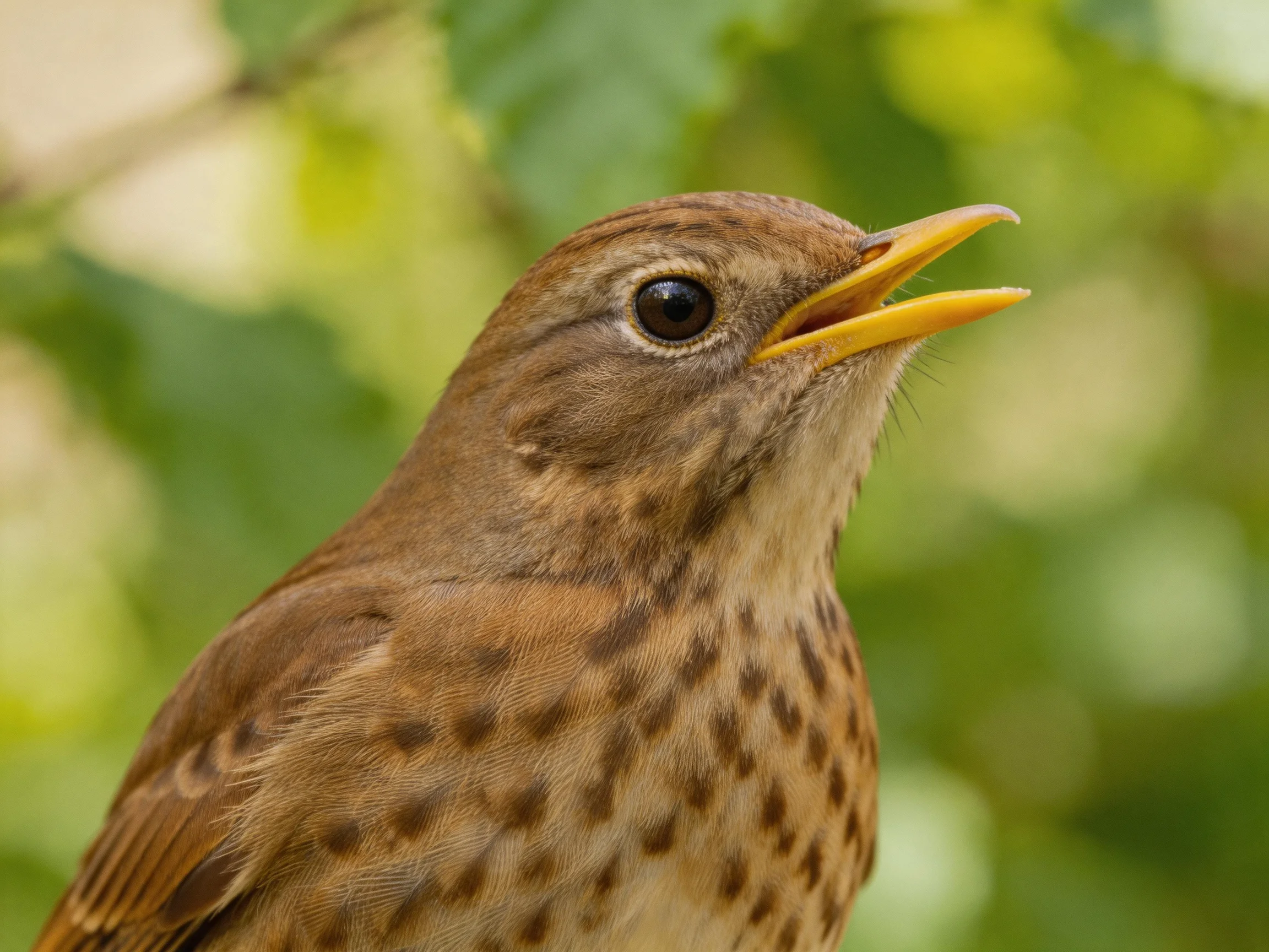 A brown-spotted thrush with a yellow beak amid green foliage