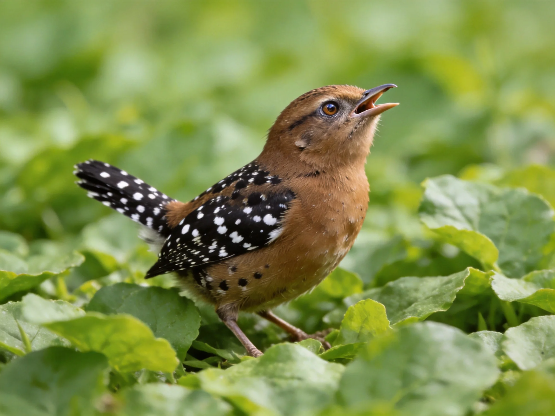 A brown-spotted wren with black-and-white wing markings among green leaves