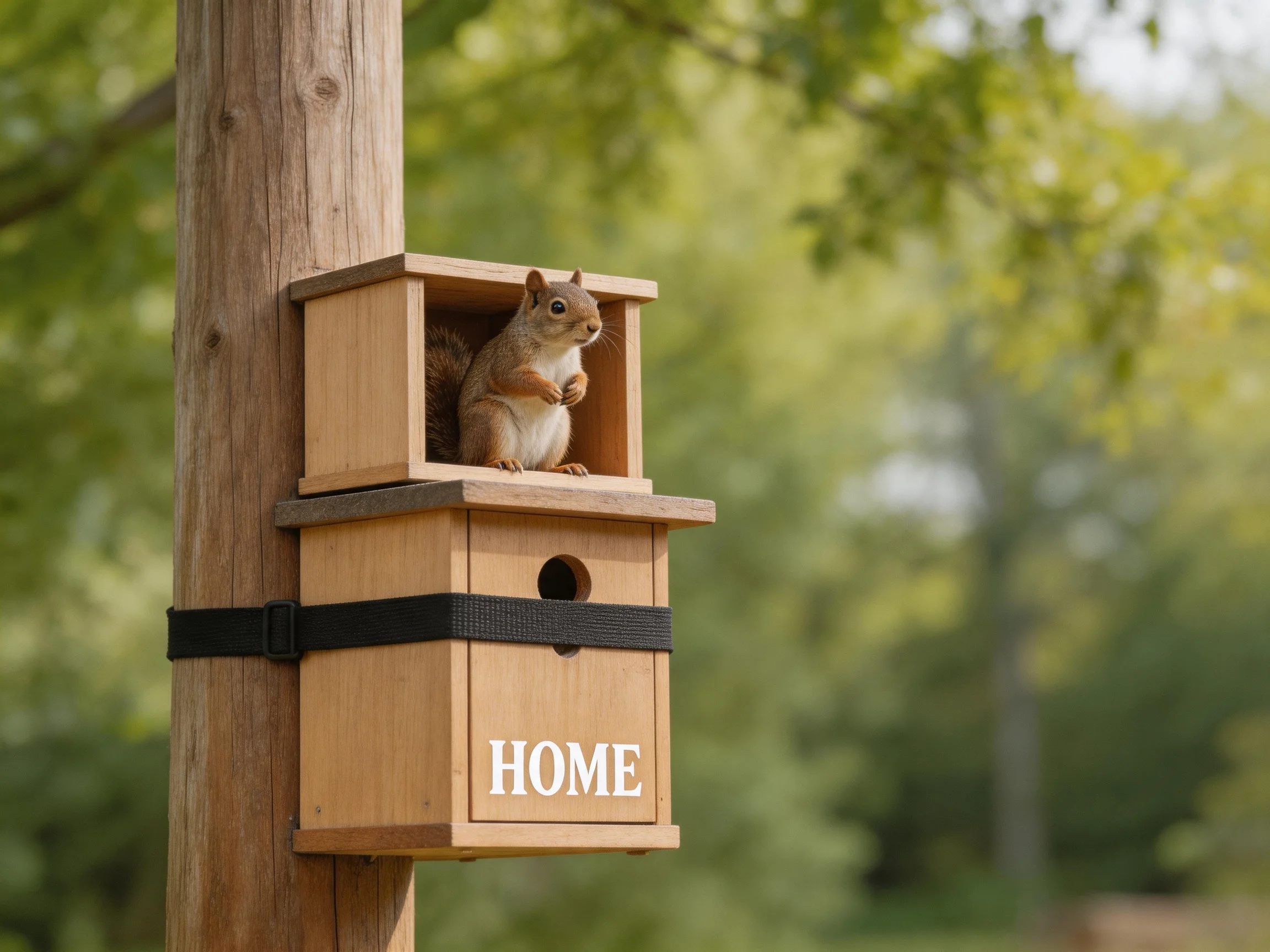 A brown squirrel in a wooden HOME box attached to a pole