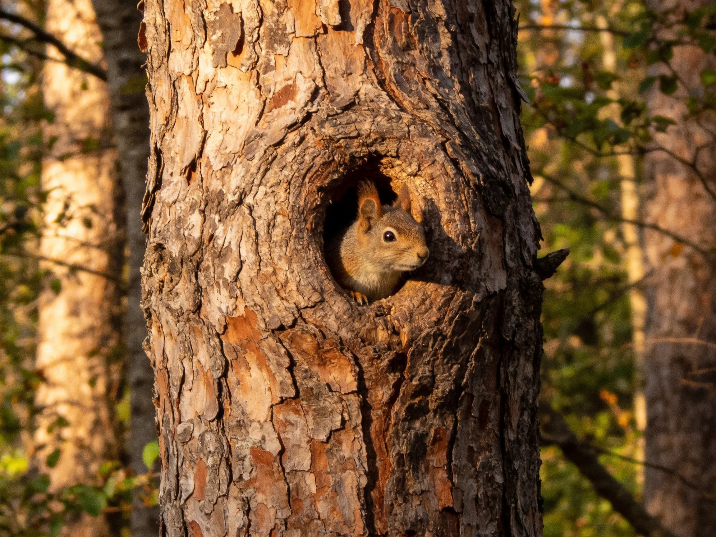 A brown squirrel peeks from a hollow pine tree trunk