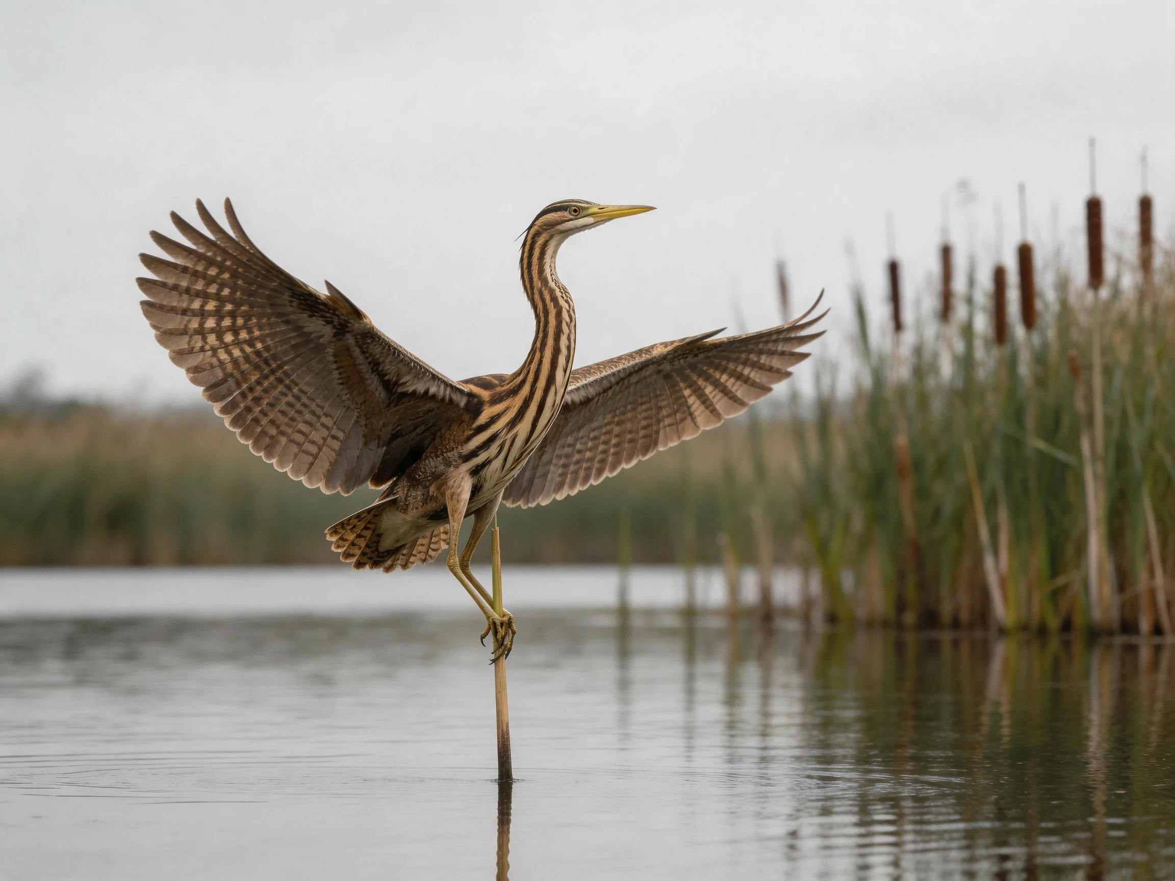 A brown-striped heron spreads wings over calm wetland waters