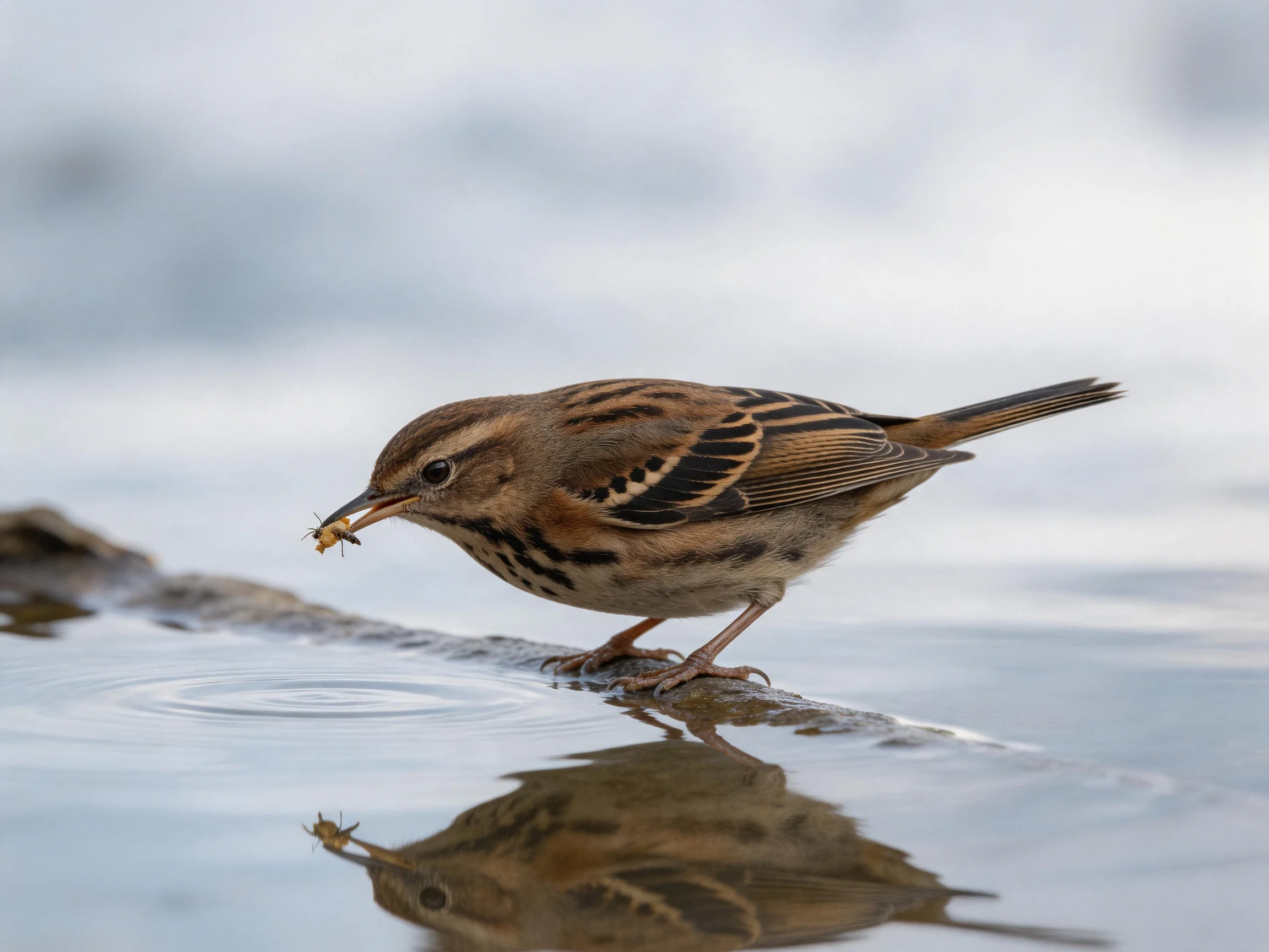 A brown-striped songbird stands on shallow water with captured prey