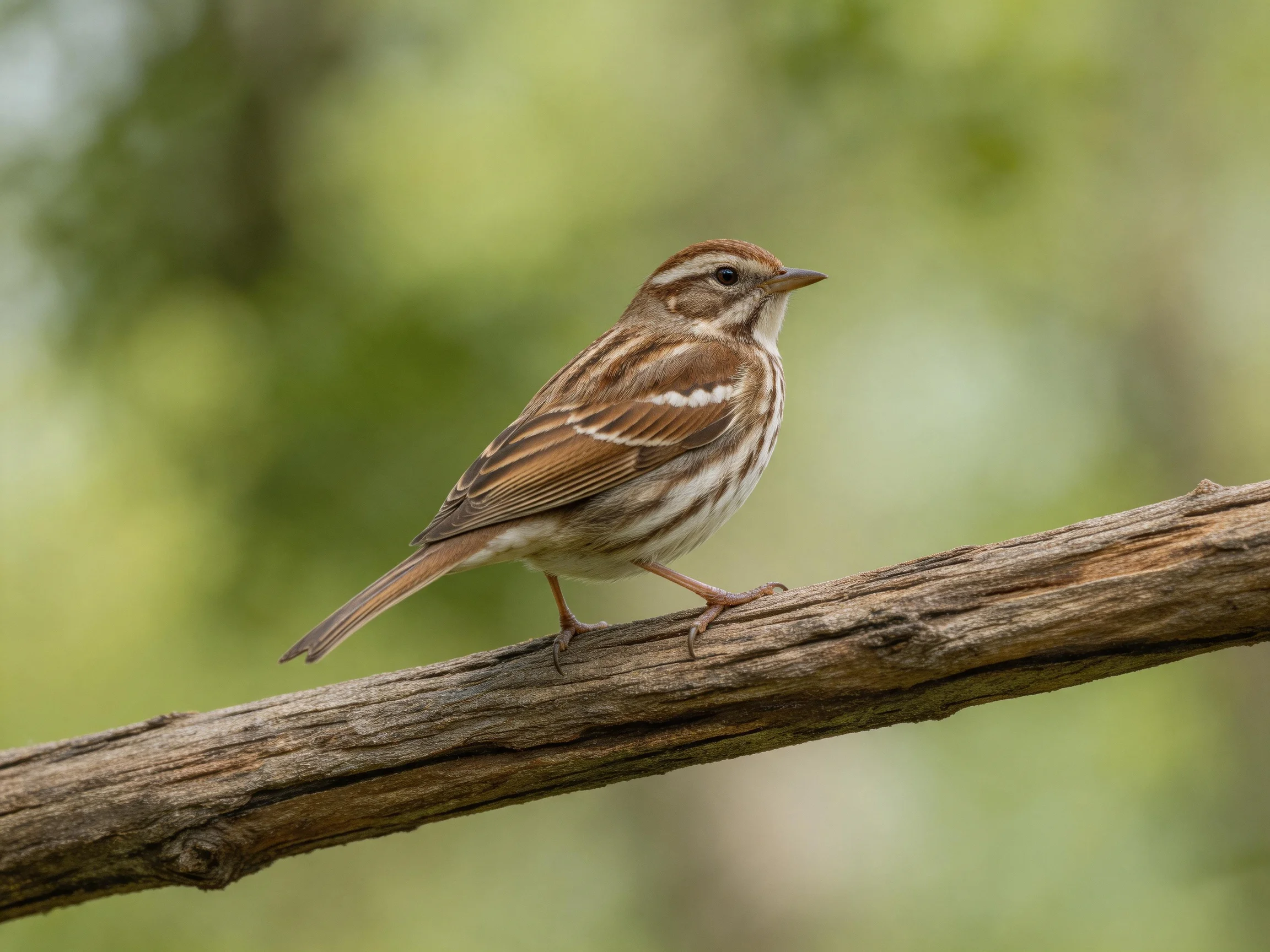 A brown-striped sparrow perches on a weathered wooden branch