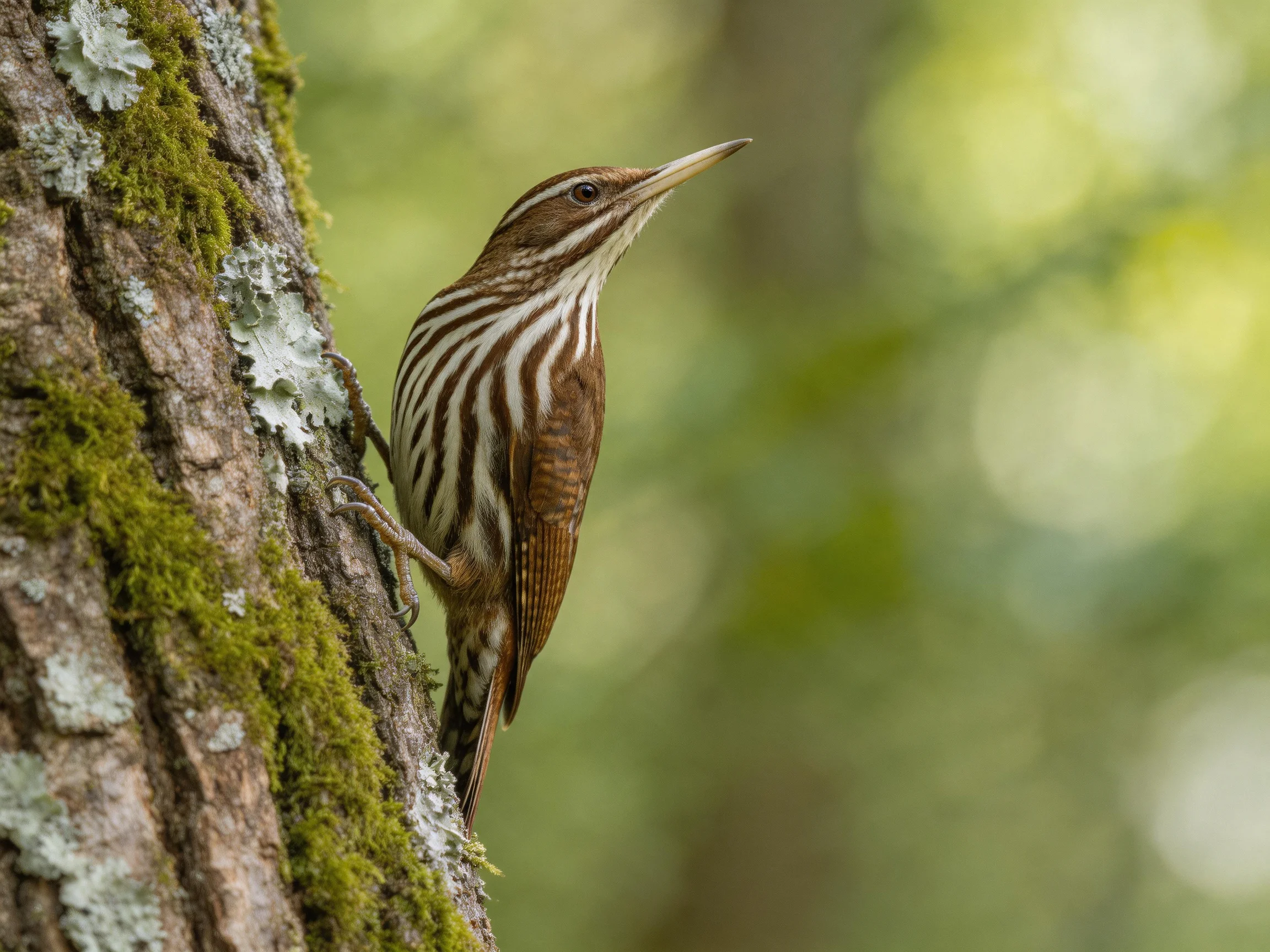 A brown-striped woodpecker climbs a mossy, lichen-covered tree trunk