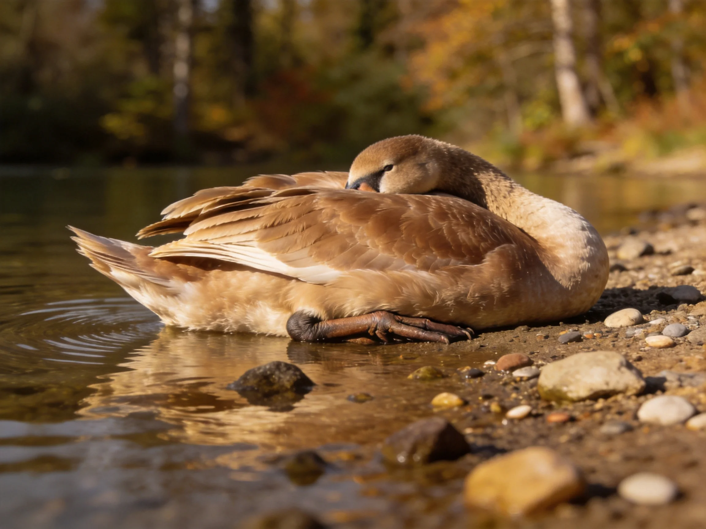 A brown swan rests on a pebbly shore beside calm water