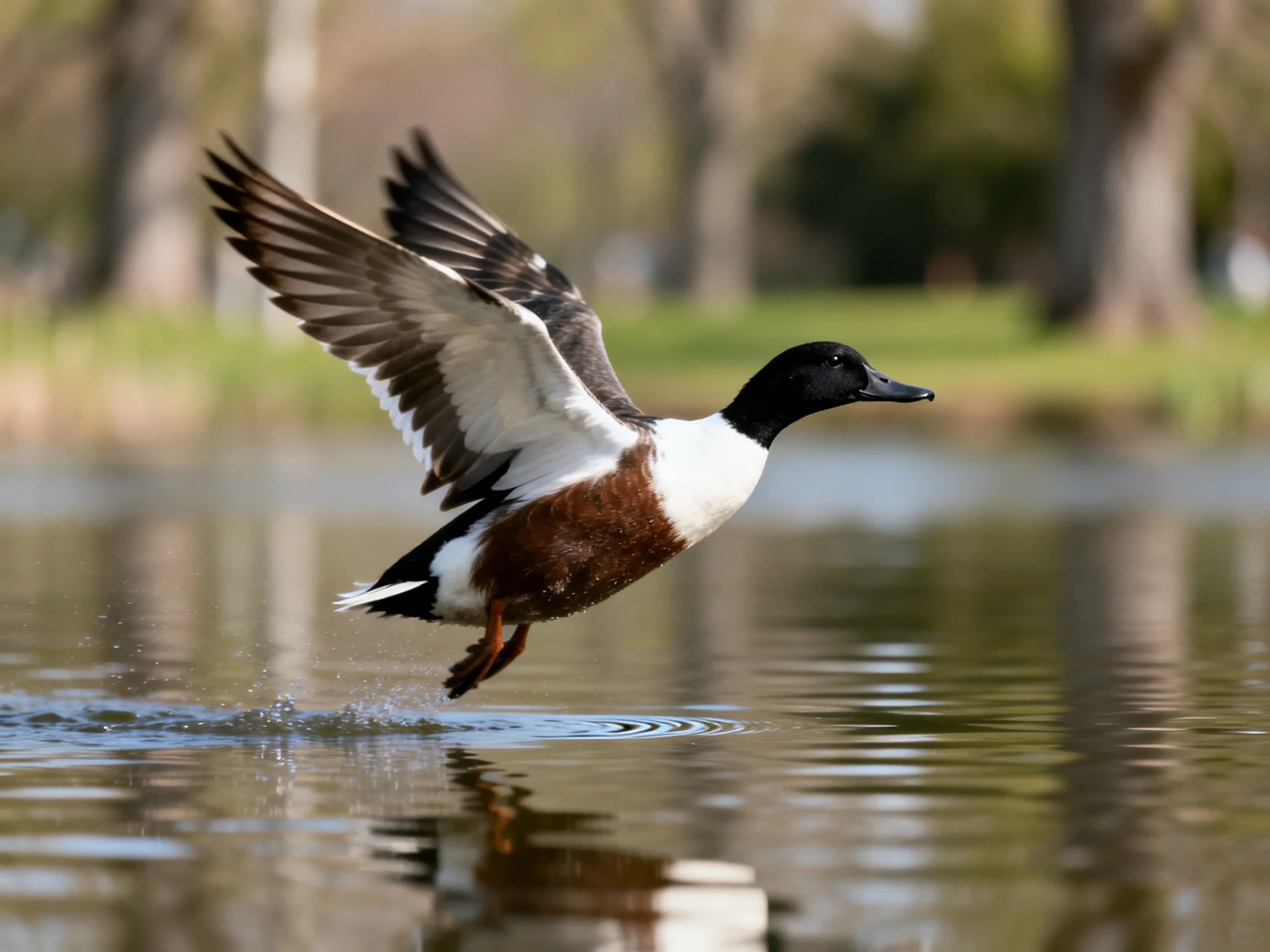 A brown, white, and black duck takes flight over calm water