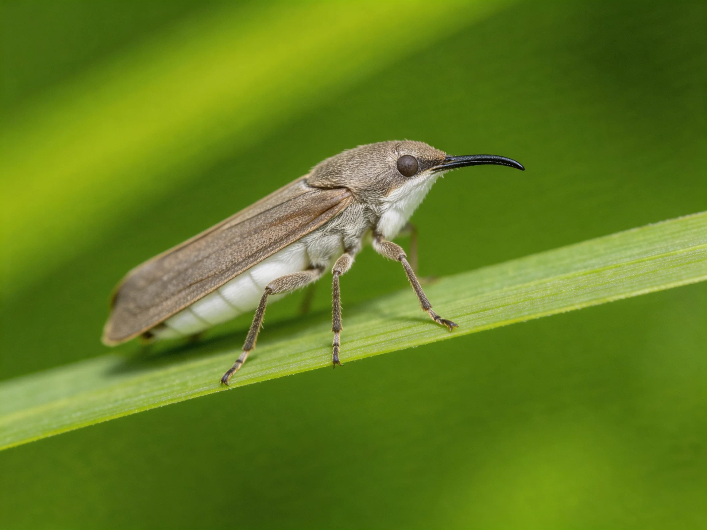 A brown-winged insect with a long black proboscis on a green leaf