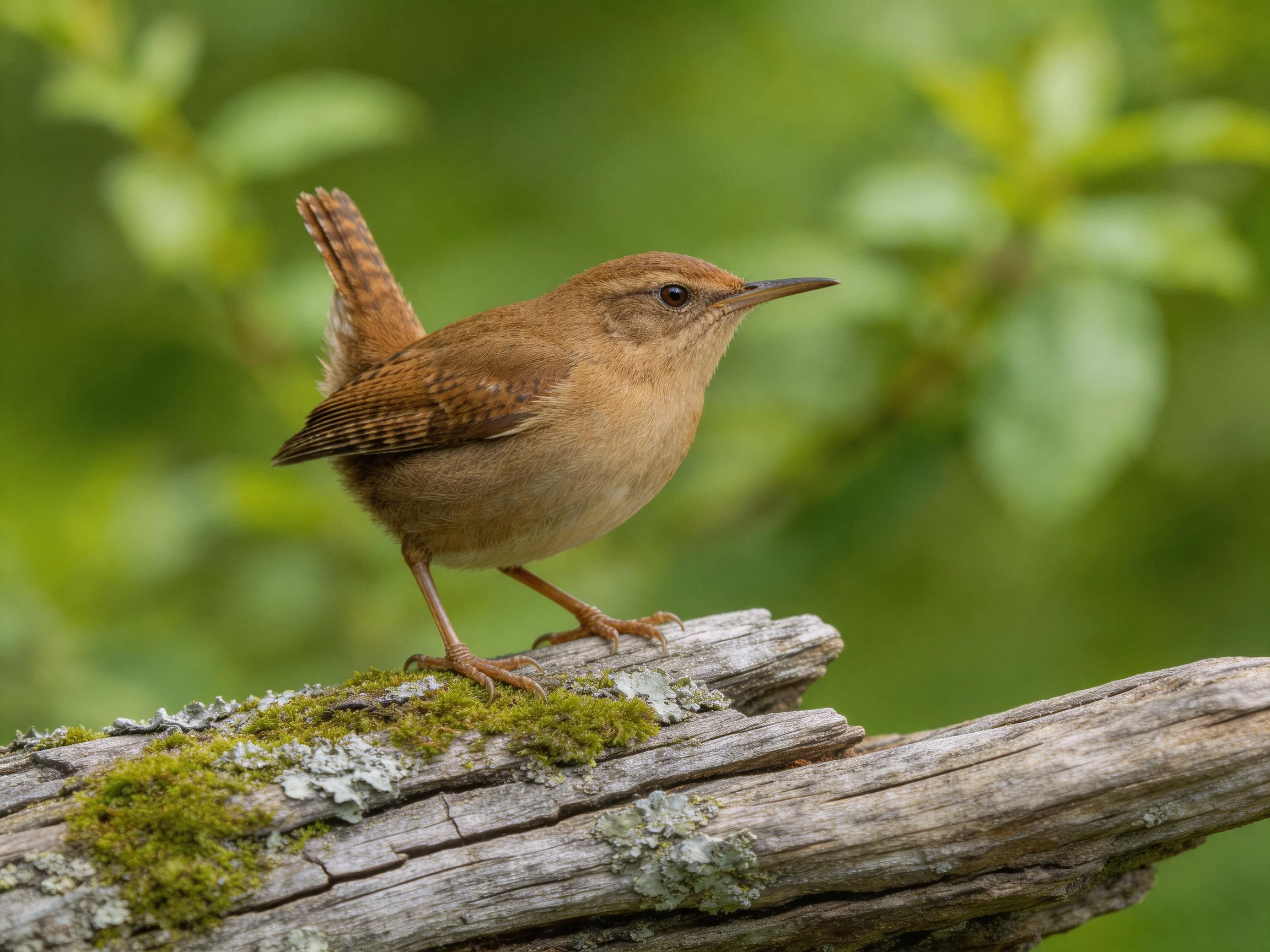 A brown wren perches on a moss-covered wooden branch
