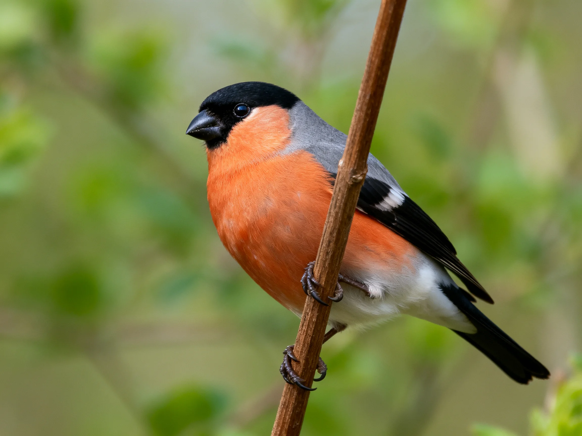 A bullfinch perched on a slender brown branch with striking plumage
