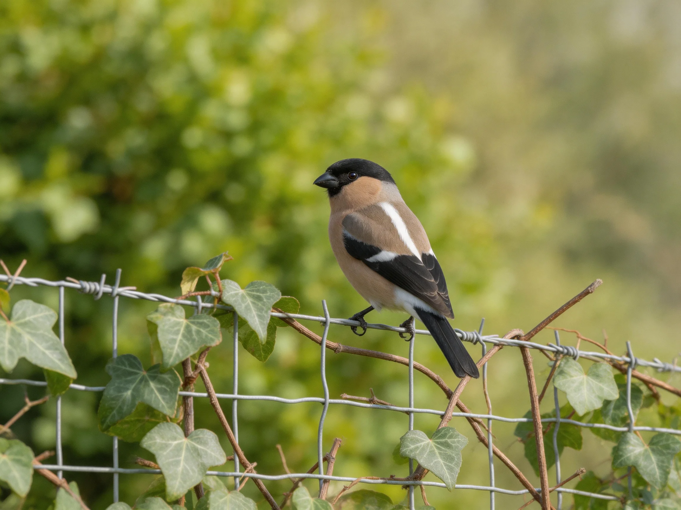 A bullfinch perched on an ivy-covered wire fence