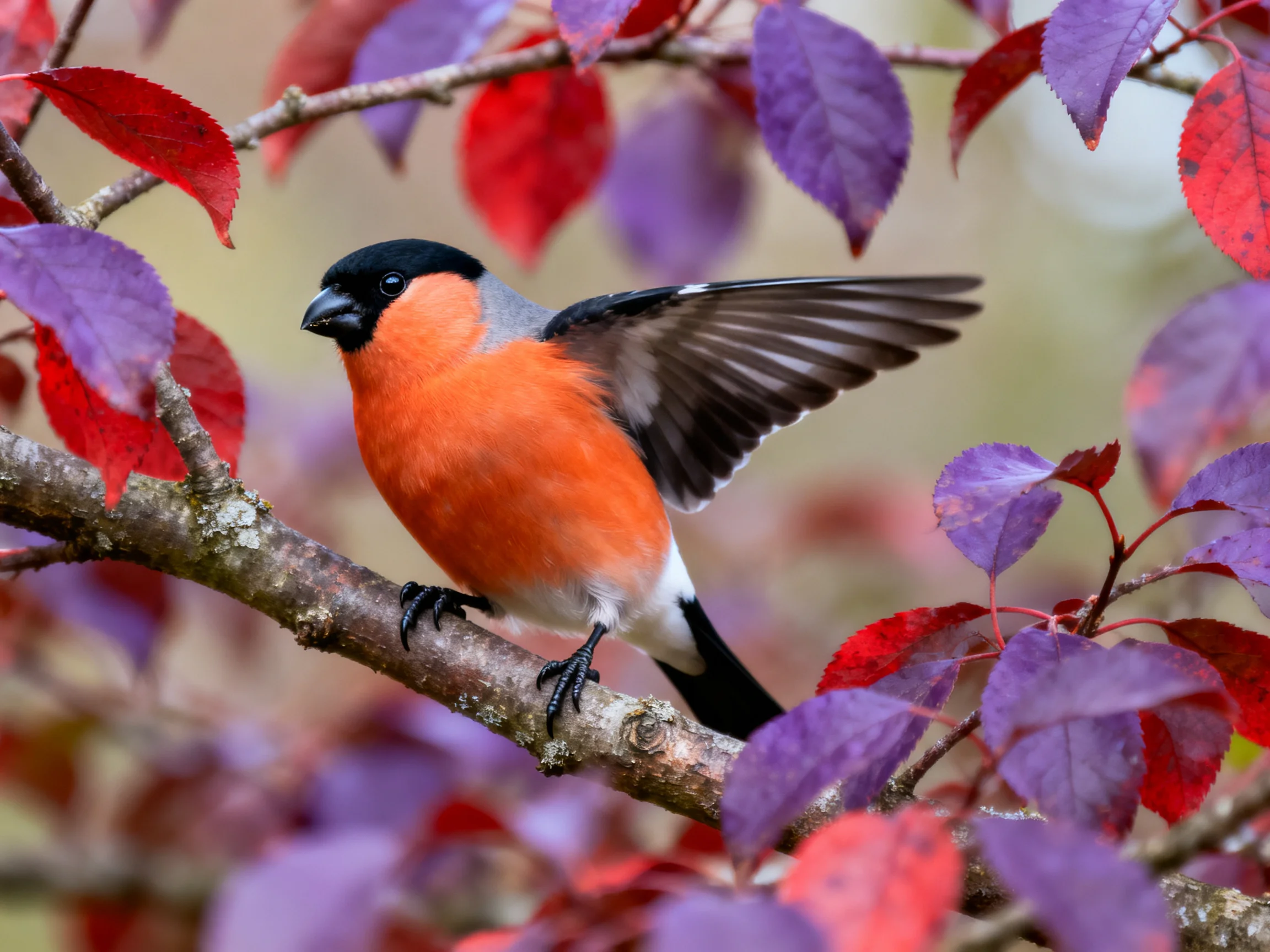 A bullfinch perches on a branch with red and purple autumn foliage