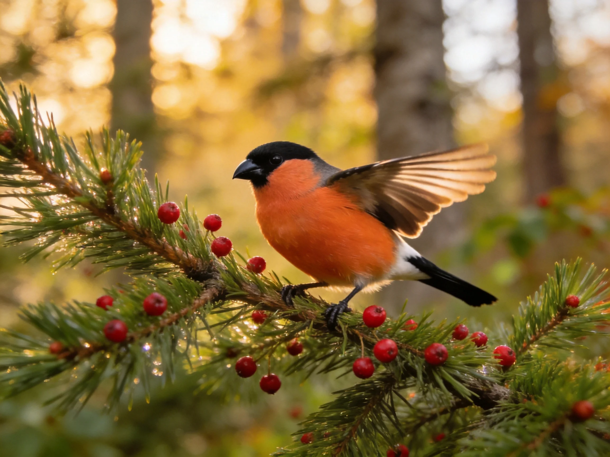 A bullfinch perches on a pine branch with red berries