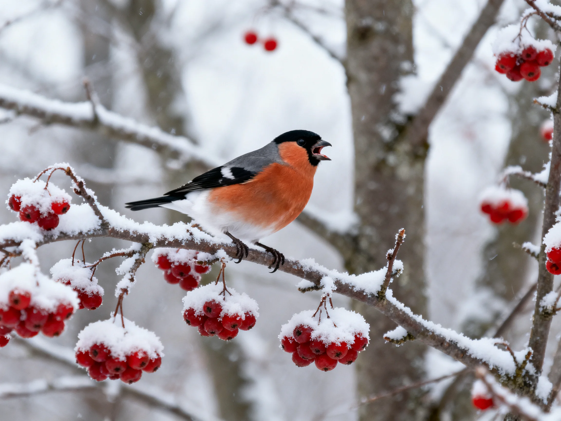 A bullfinch perches on snow-dusted branches with bright red berries